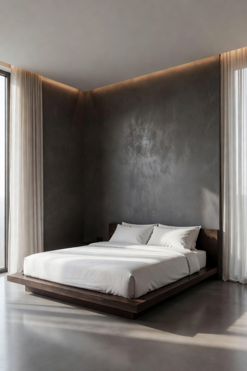 A serene minimalist bedroom featuring matte graphite walls and a low-profile platform bed designed as a signal-blocking sanctuary.