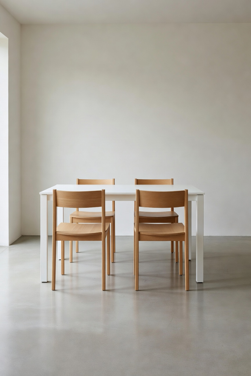 A serene, minimalistic dining room featuring four ergonomic light wood chairs and a white table, illustrating optimal seat height for neutral posture and mindful presence.
