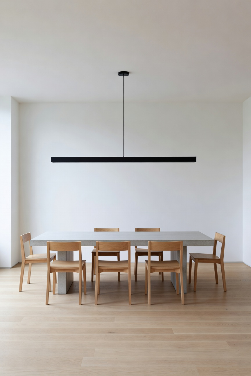 A photograph of a minimalistic dining room featuring a large, matte black linear pendant light fixture intentionally oversized to act as the primary architectural focal point above a gray concrete dining table.