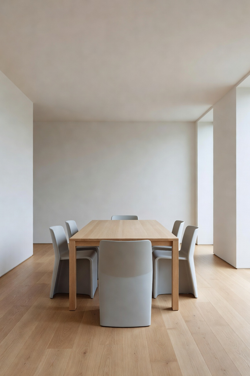 A photograph of an ultra-minimalistic modern dining room featuring a pale wood table and gray chairs, designed for visual quiet and reduced cognitive load.