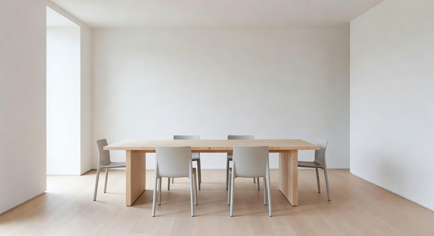 A photograph of an ultra-minimalistic modern dining room featuring a pale wood table and gray chairs, designed for visual quiet and reduced cognitive load.