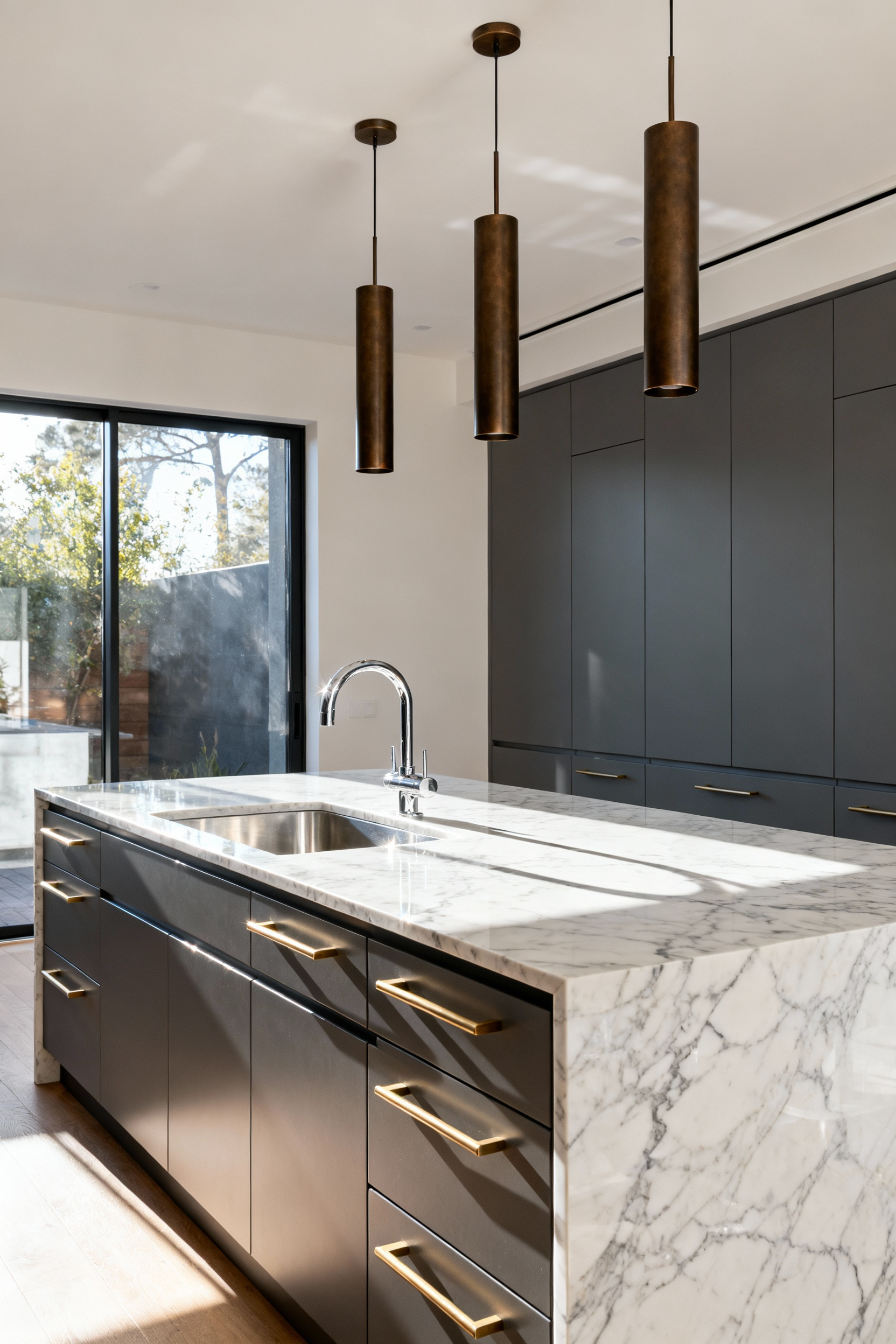 A sleek modern kitchen featuring dark grey cabinetry, white marble, and a curated mix of metal finishes including brushed brass cabinet hardware, a polished chrome faucet, and aged bronze pendant lighting.