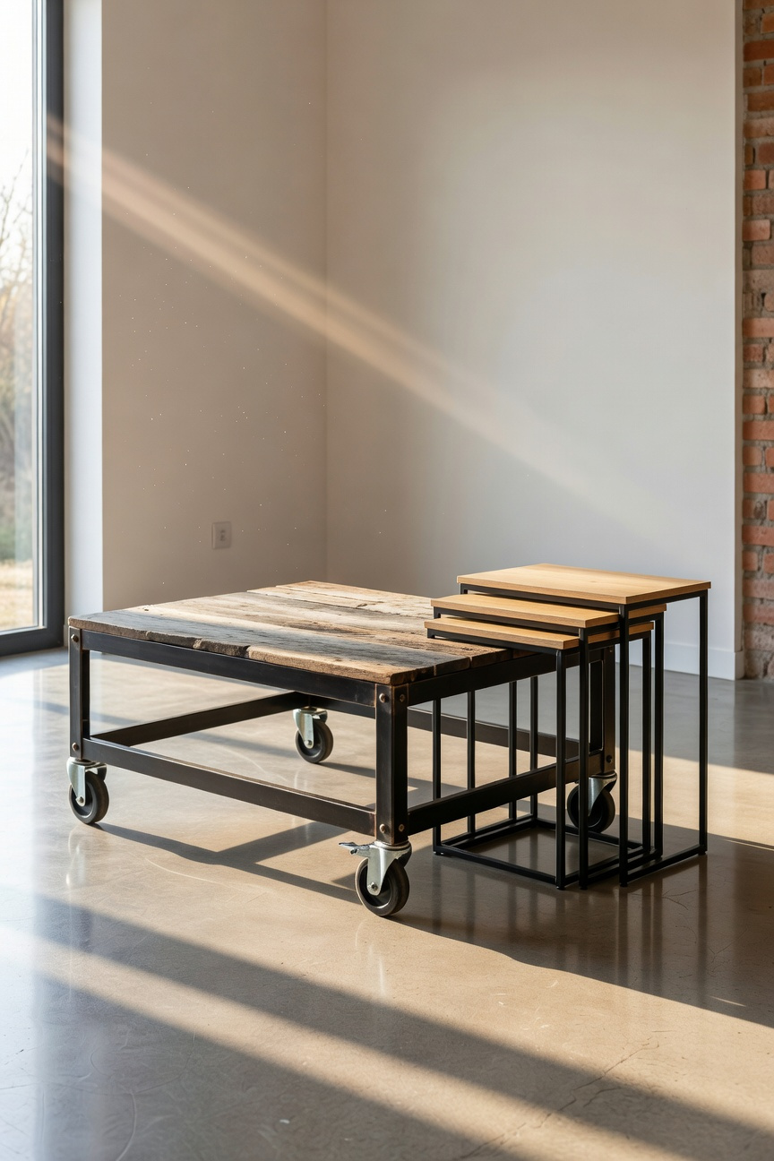 Small industrial living room featuring a mobile coffee table cart on casters and nesting furniture for a flexible layout.