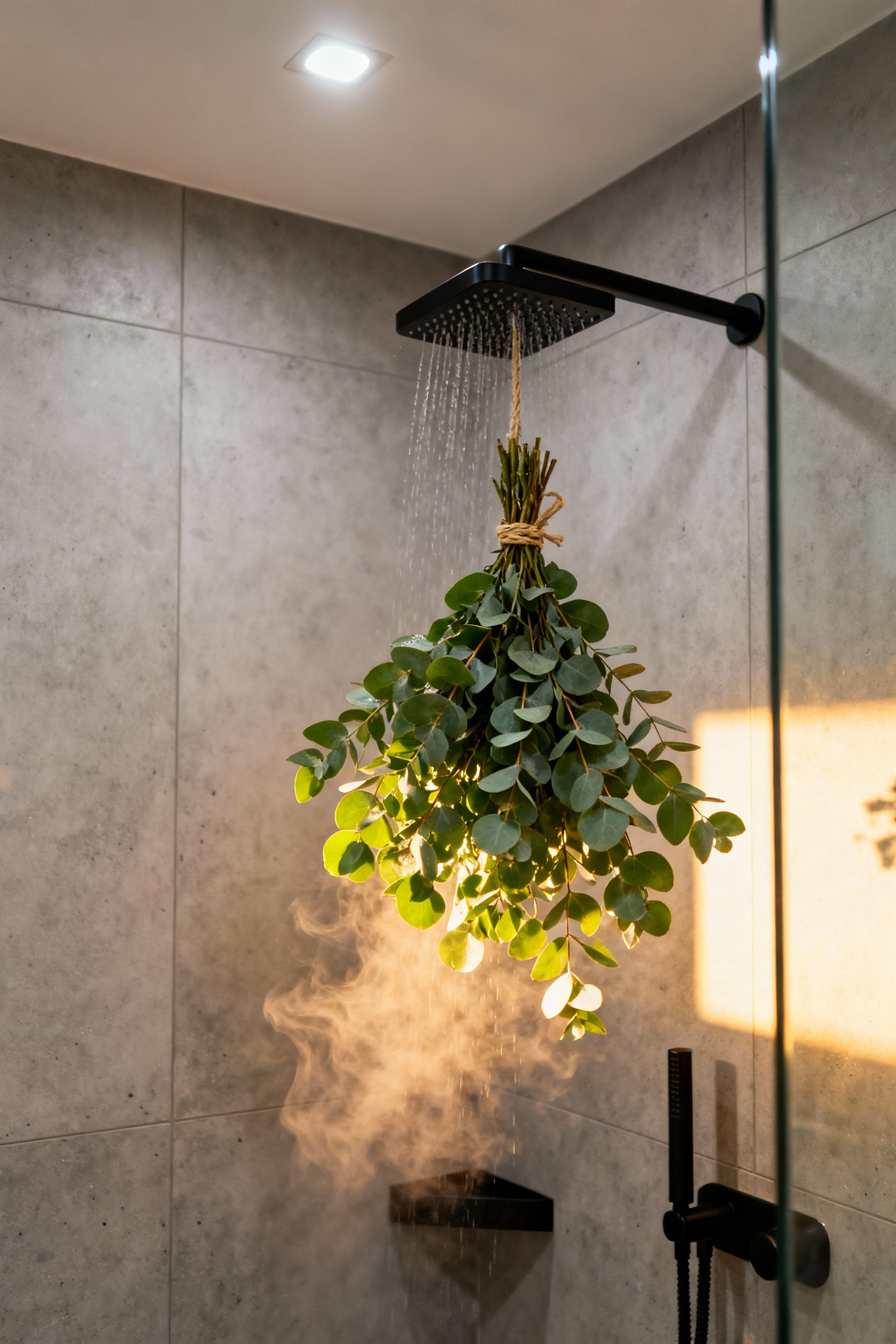 A modern, minimalist walk-in shower featuring light grey tiles and matte black fixtures, with a large bundle of fresh eucalyptus hanging under the showerhead, partially obscured by rising, warm steam.