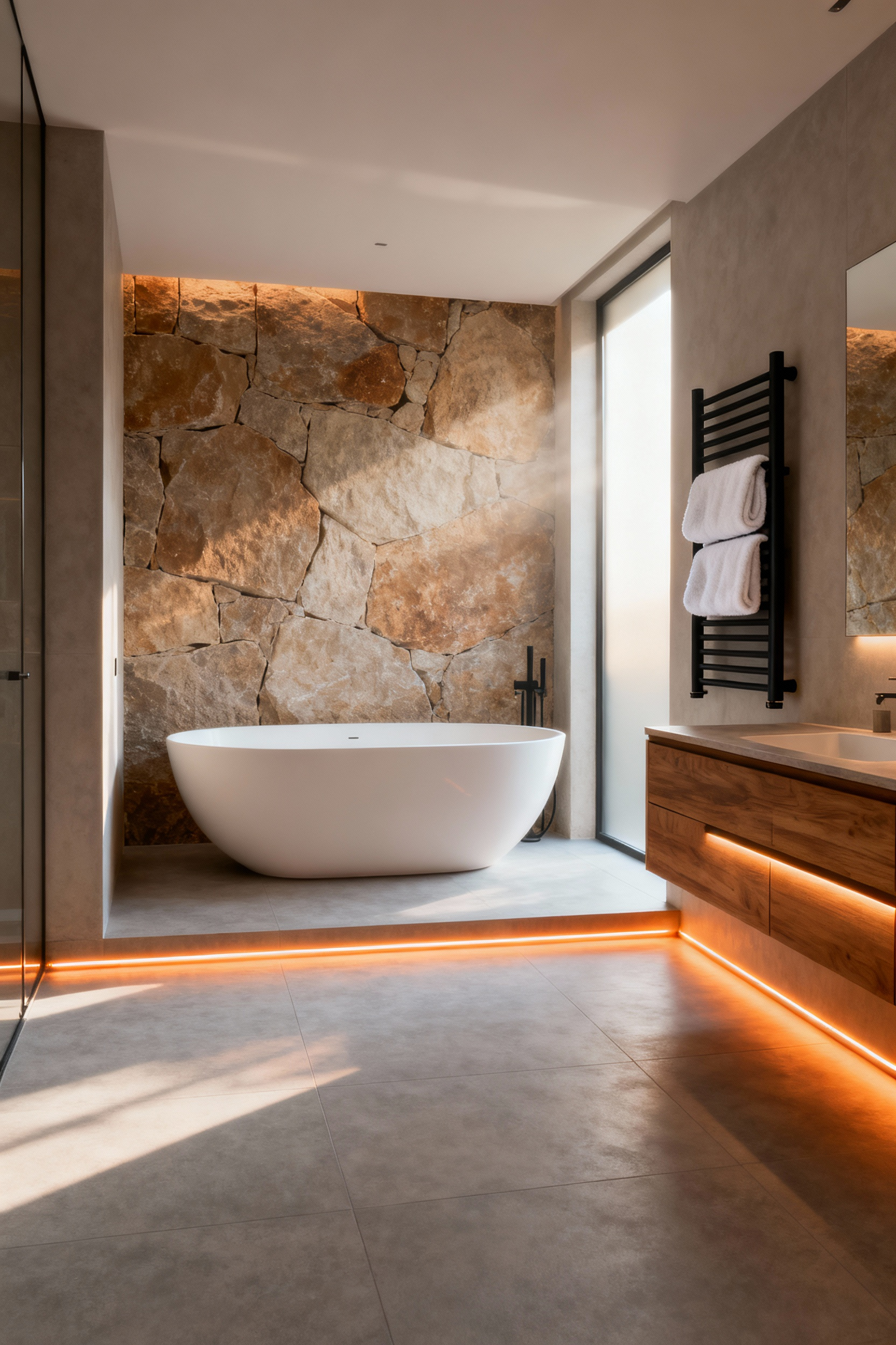 A serene, minimalist modern bathroom featuring light porcelain tiles, a freestanding soaking tub, and a mounted towel warmer, emphasizing a warm, restorative sanctuary atmosphere created by heated floors.