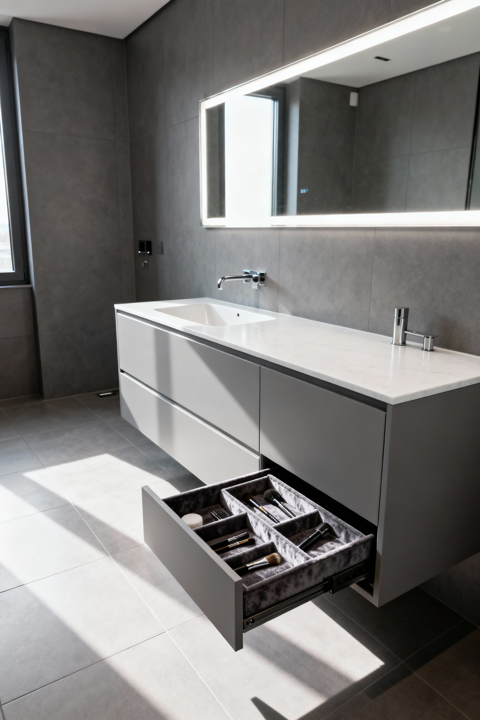 A pristine, minimalist modern bathroom featuring a floating gray vanity with integrated storage. A drawer is slightly ajar, showing an organized interior designed to conceal grooming tools and eliminate visual clutter, emphasizing spatial flow.