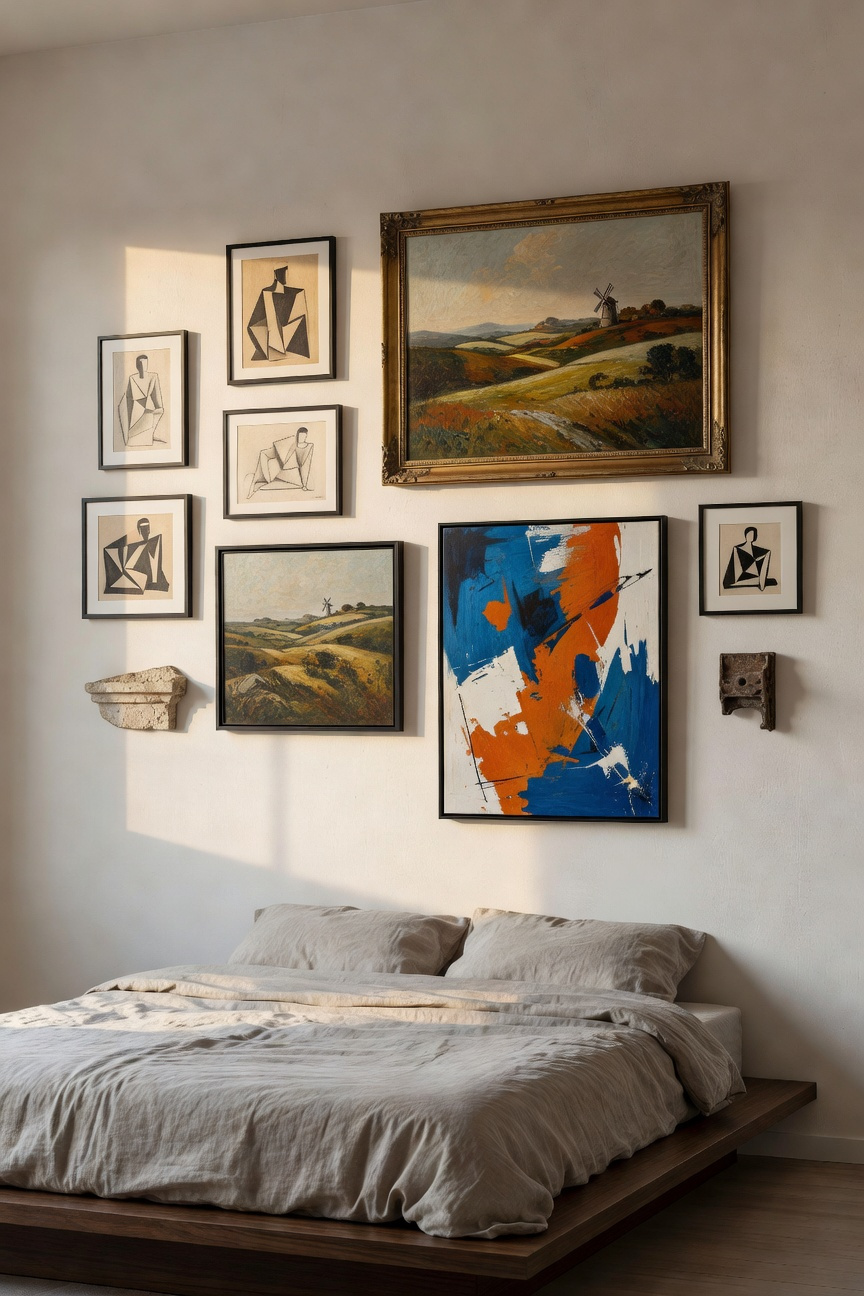 A modern bedroom interior featuring an asymmetrical anti-grid gallery wall with a mix of vintage and contemporary art above a neutral-toned bed.