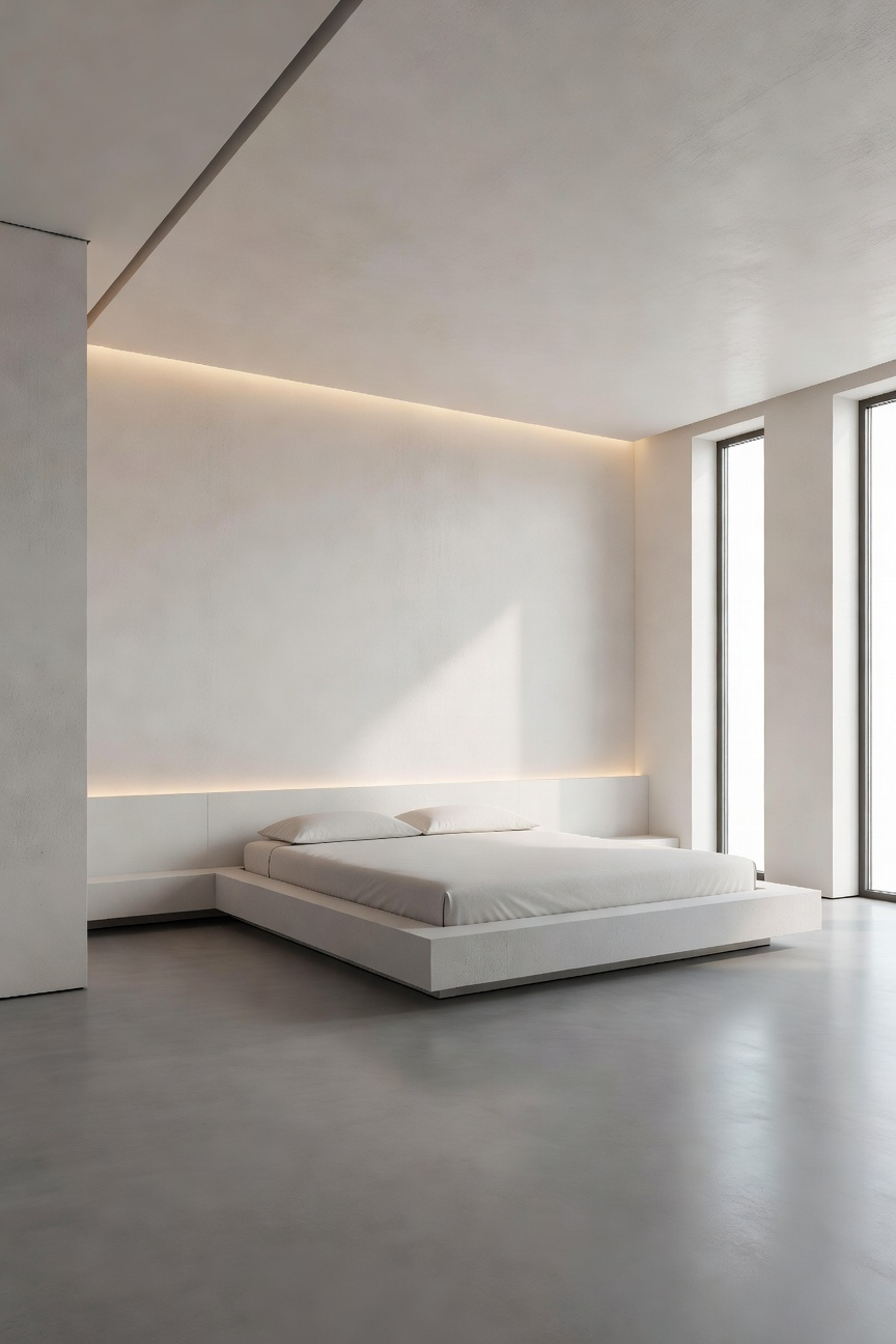 A minimalist modern bedroom showcasing an architectural floating wall with a recessed shadow gap and integrated cove lighting.