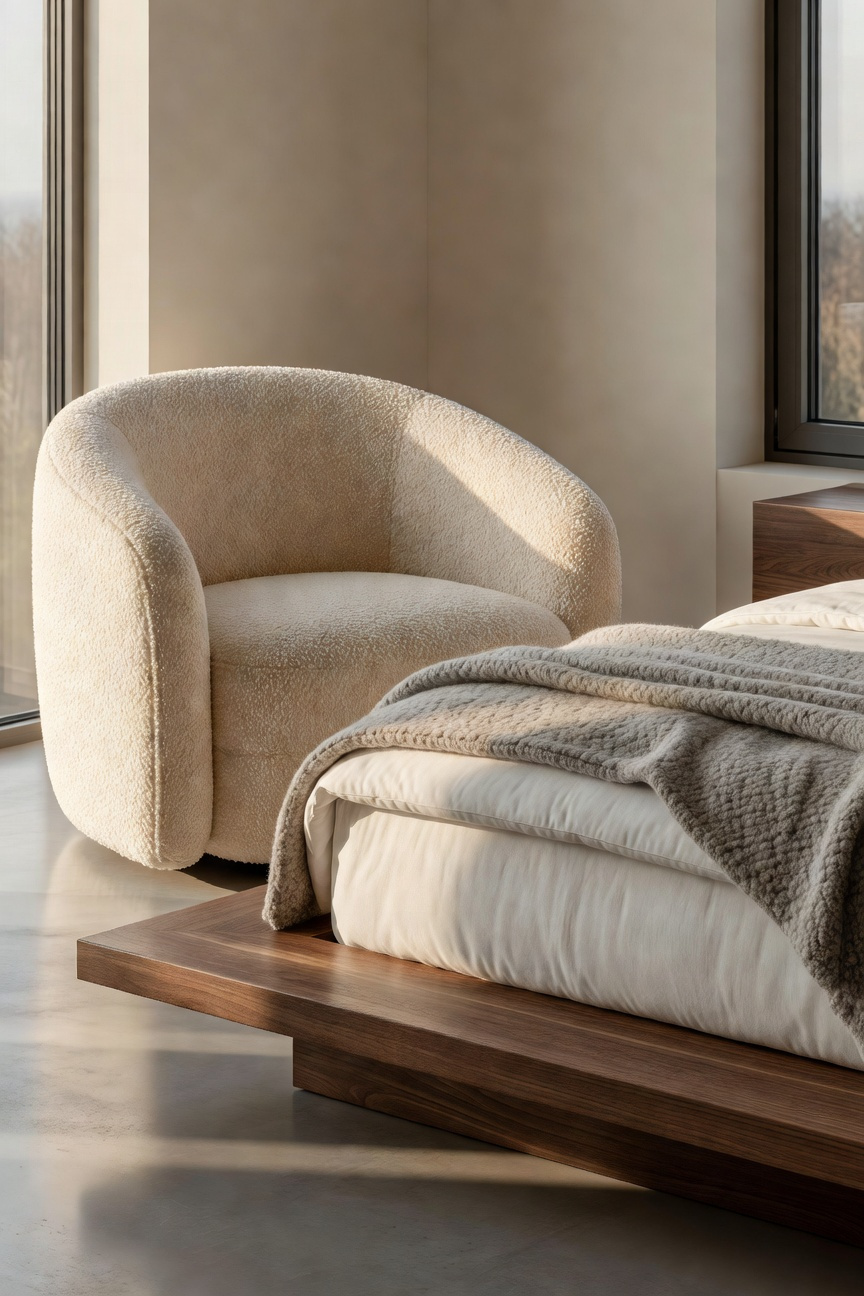 A minimalist modern bedroom with a textured boucle accent chair, wool blankets, and warm wood furniture in natural sunlight.
