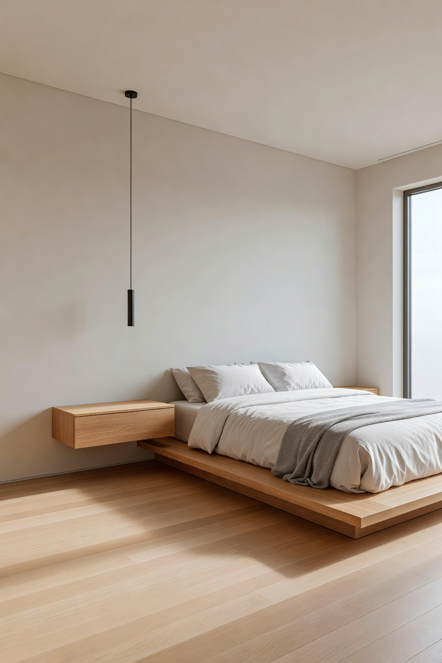 A modern master bedroom featuring a floating wooden nightstand and light oak floors that enhance the sense of space.