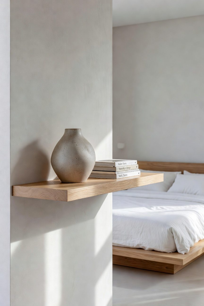 A modern bedroom wall featuring a minimalist wood floating shelf with a ceramic vase and curated books, demonstrating negative space as a decor element.