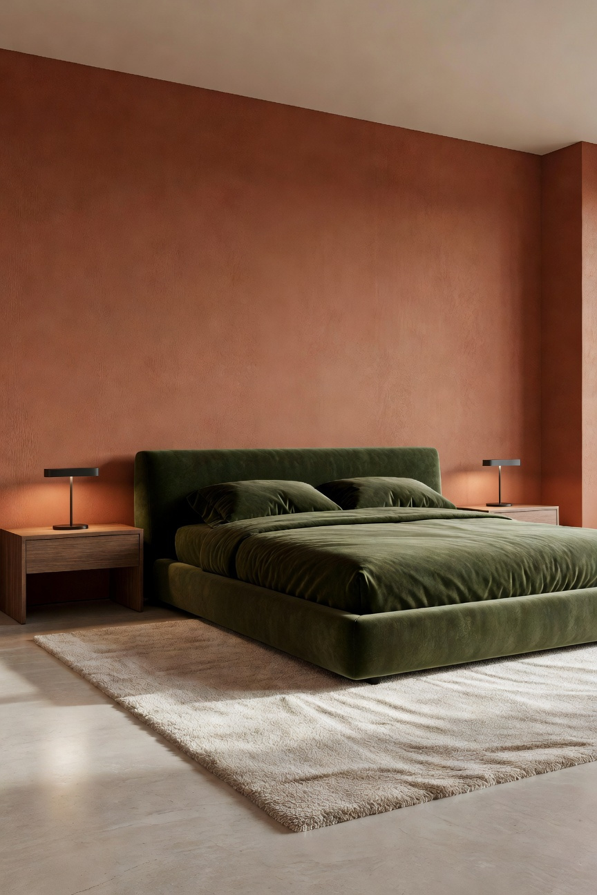 A sophisticated modern bedroom with a moss green velvet bed, terracotta textured walls, and minimalist walnut furniture under warm LED lighting.