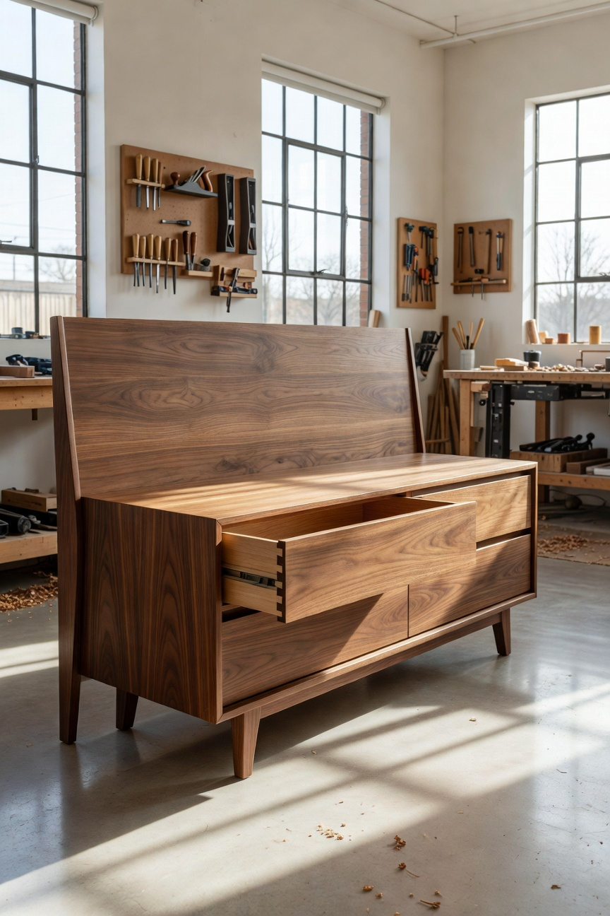 A full scene of mid-century modern bedroom furniture including a walnut headboard and dresser in a bright restoration studio.