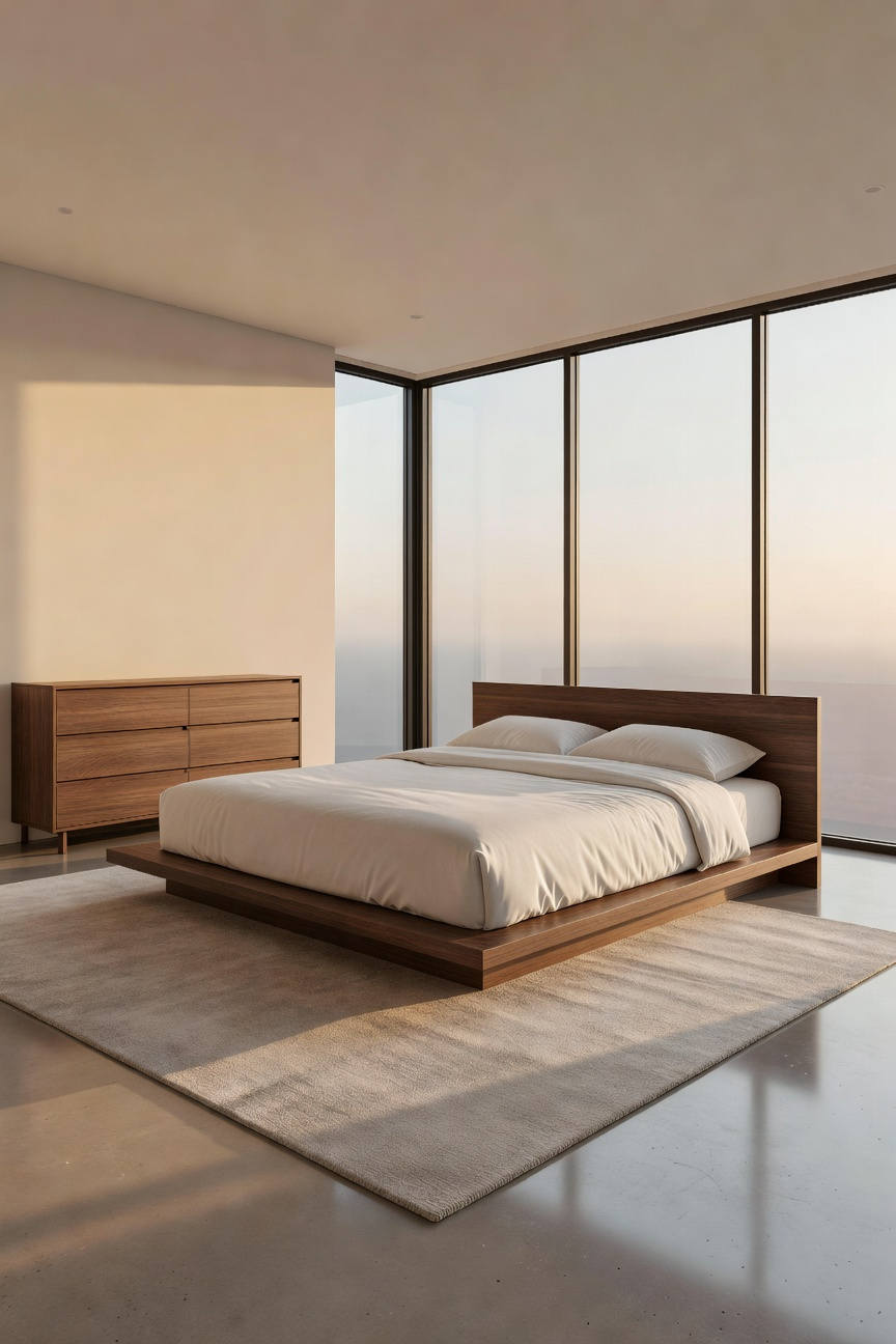 A bright and airy modern bedroom featuring a wooden platform bed and minimalist furniture illuminated by warm natural sunlight.
