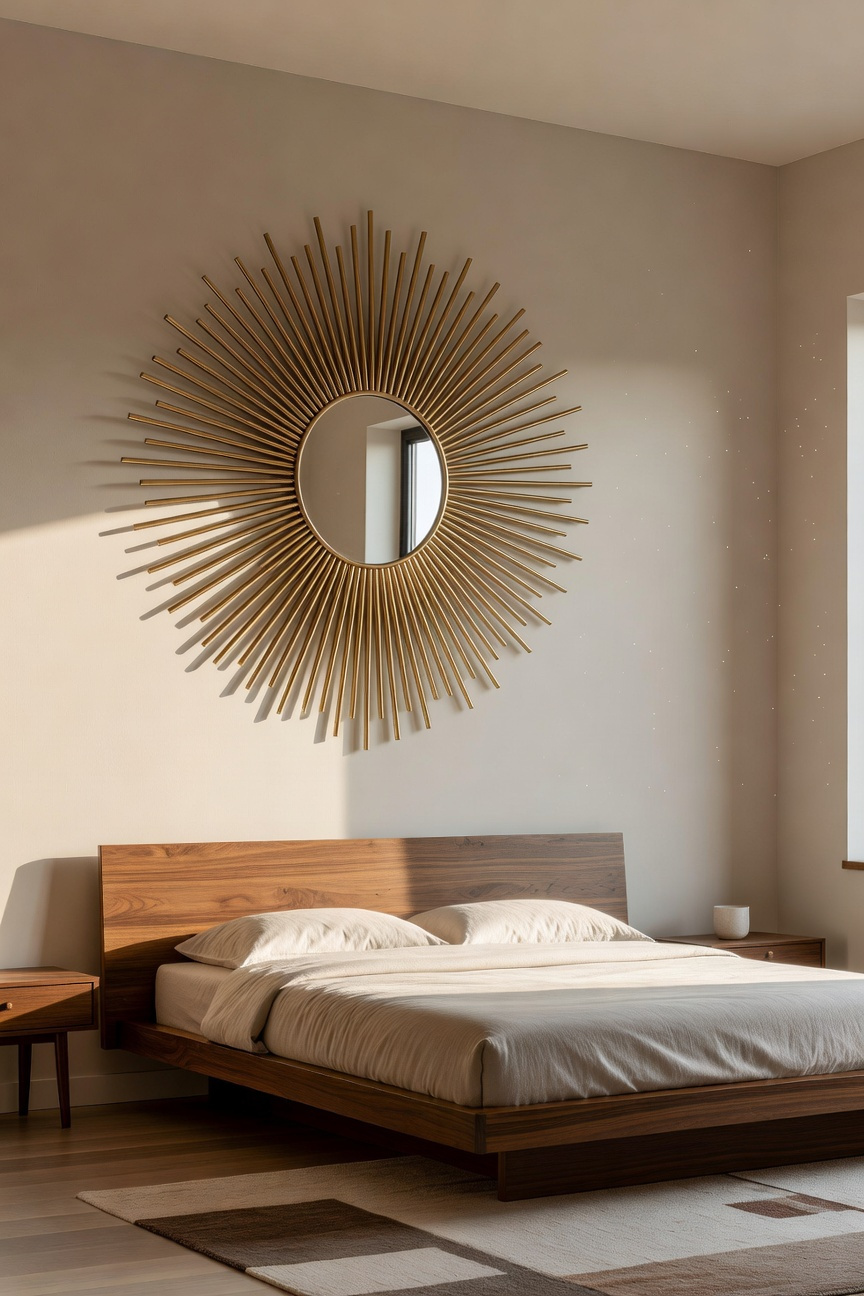 A bright modern bedroom with a large gold sunburst mirror mounted on the wall above a wooden bed to create a sense of depth and space.