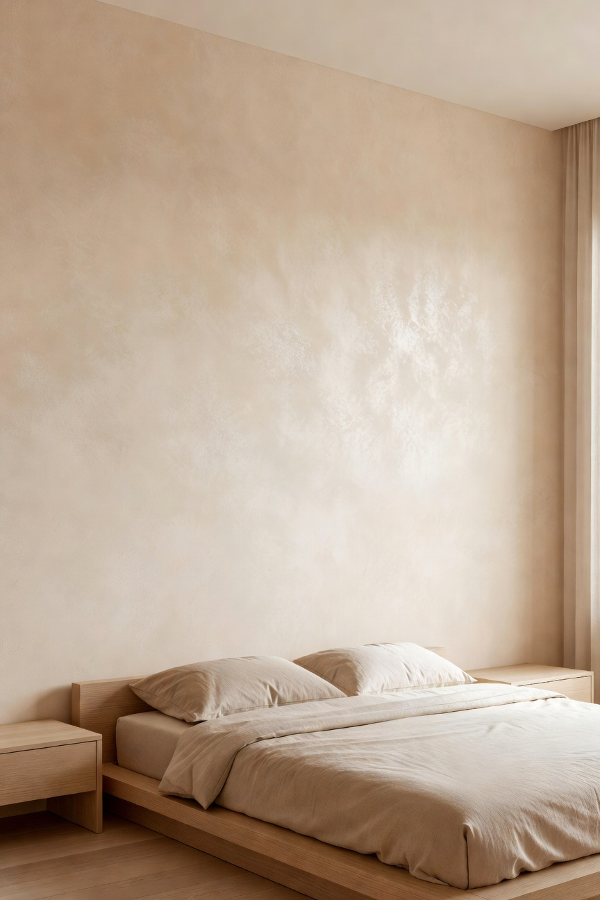 A modern bedroom featuring a cloudy limewash plaster wall and minimalist decor illuminated by soft natural light.