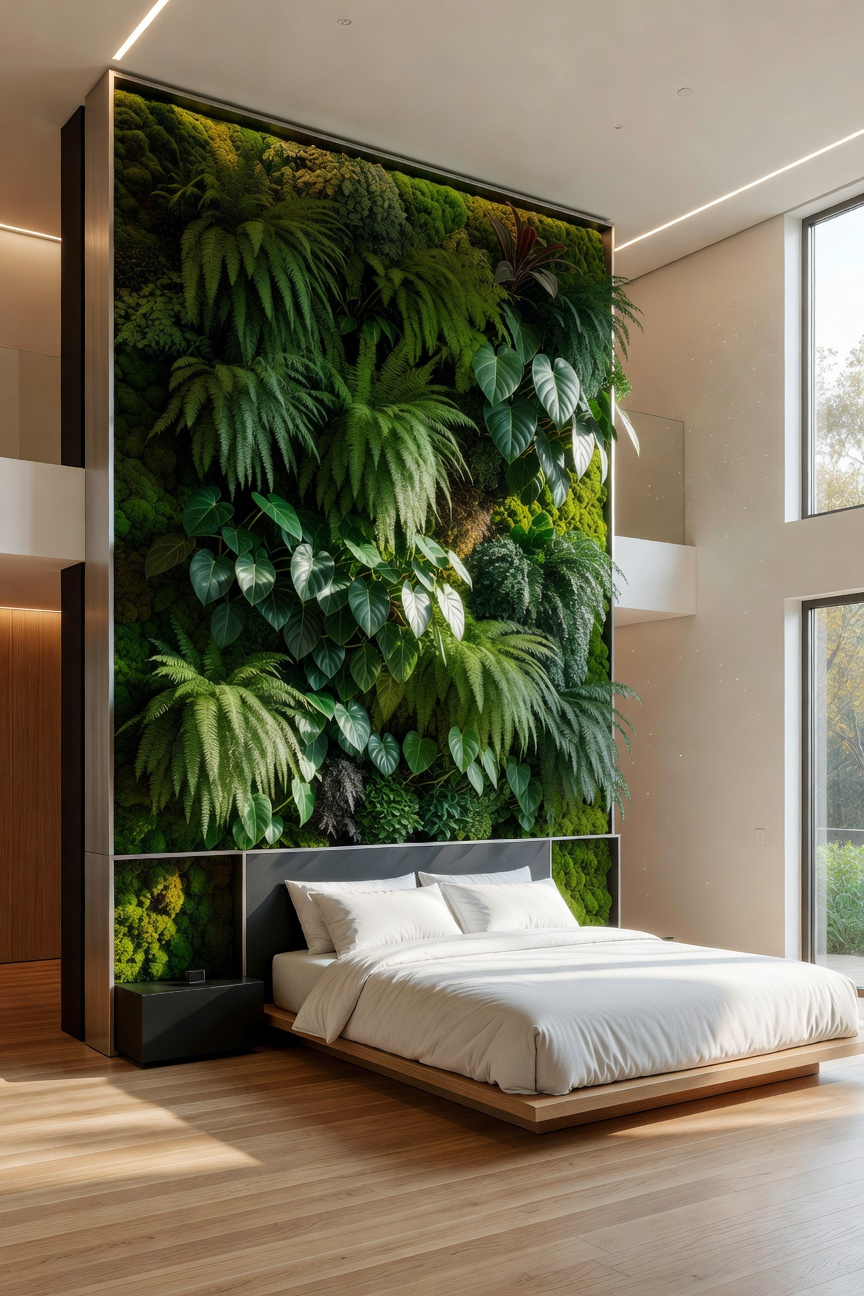 A lush vertical living wall integrated into a modern bedroom as a focal point, featuring various green plants and sleek design elements.
