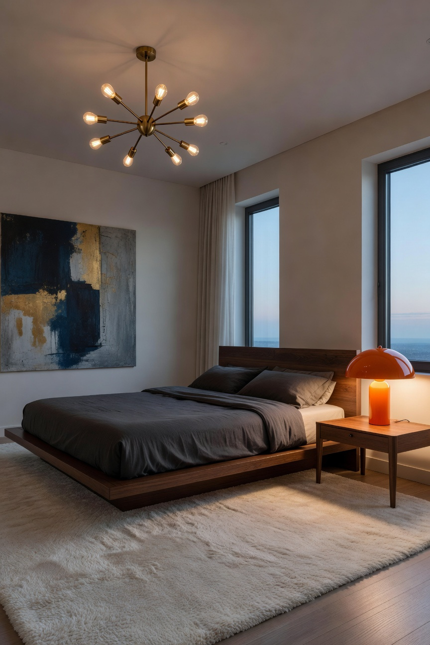 A modern bedroom interior featuring an orange mushroom lamp on a walnut nightstand and a brass Sputnik chandelier.