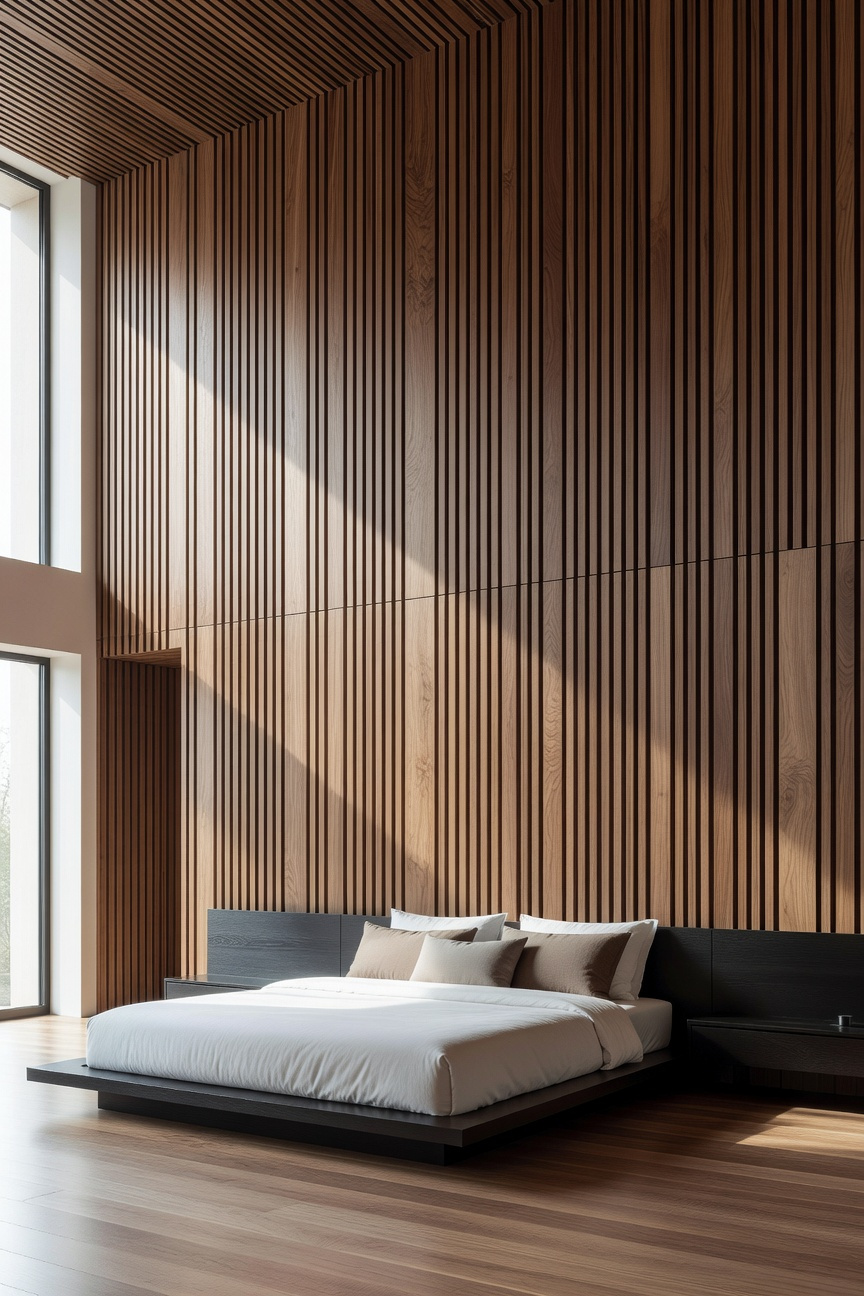 Modern bedroom interior with floor-to-ceiling vertical sustainable wood slat paneling behind the bed to increase perceived ceiling height.