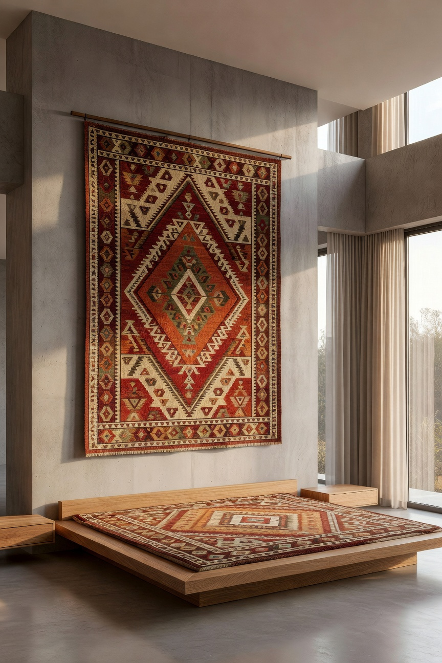 Large vintage wool Kilim tapestry hanging on a concrete wall in a modern minimalist bedroom with floor-to-ceiling windows.