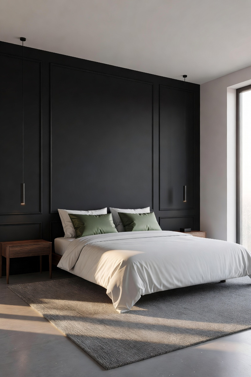 A modern bedroom featuring a deep charcoal accent wall as a focal point behind a bed with white and sage linens.
