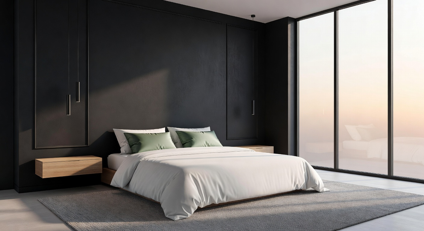 A modern bedroom featuring a deep charcoal accent wall as a focal point behind a bed with white and sage linens.