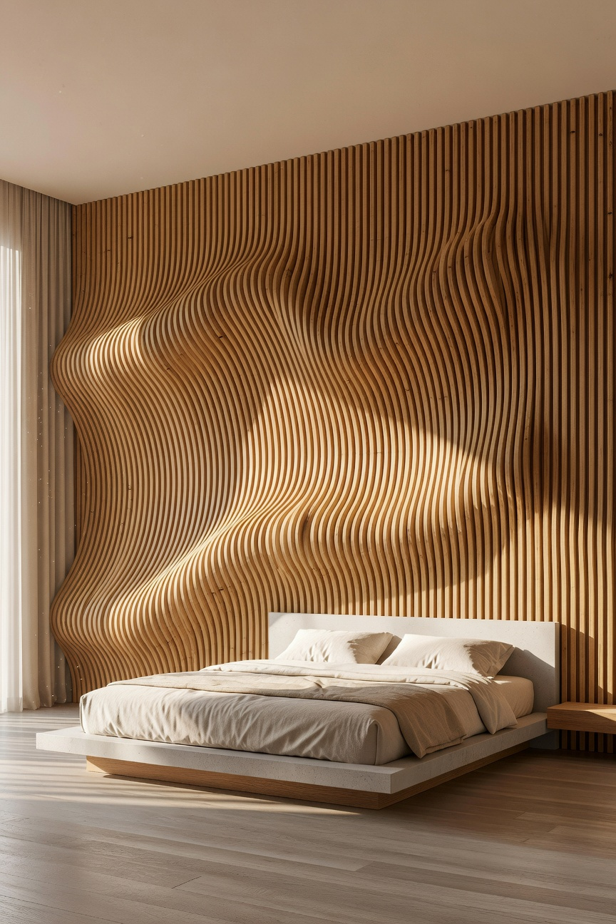 A contemporary bedroom featuring a 3D parametric wood slat accent wall that creates a sense of movement and depth.