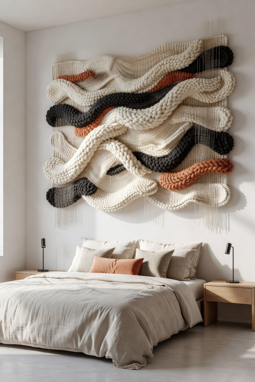 A large architectural macraweave fiber art piece hanging on a neutral wall above a modern bed in a brightly lit bedroom.