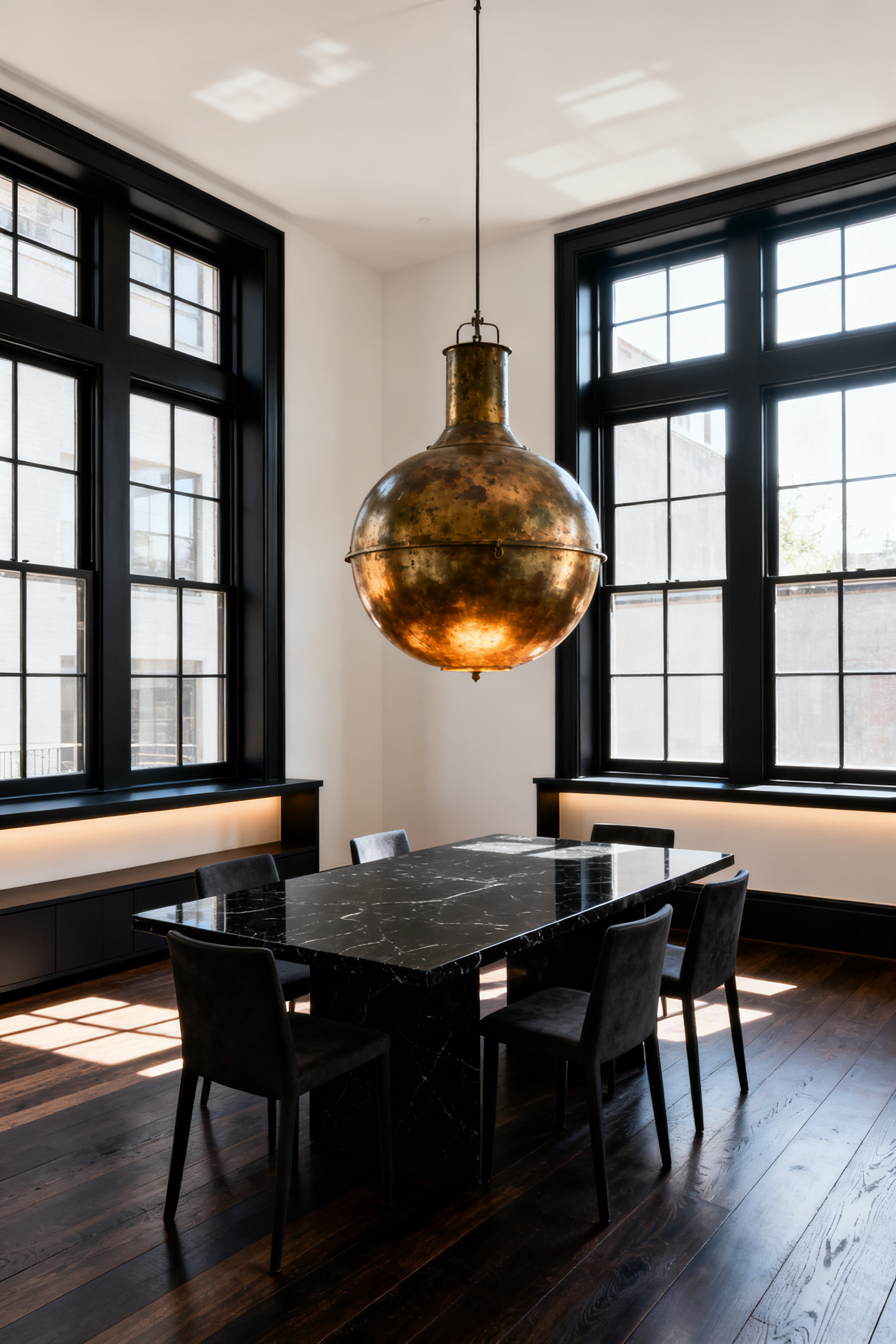 A modern dining room showcasing sophisticated contrast between structural matte black architectural elements and a warm, luminous vintage aged brass pendant chandelier.