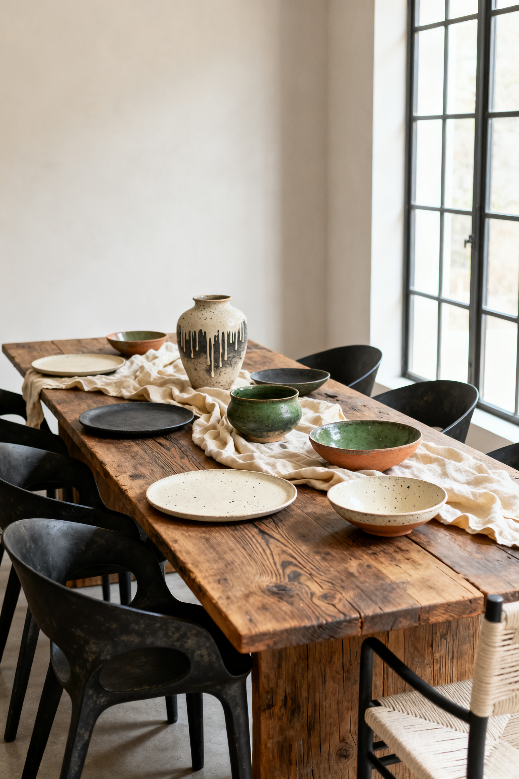 Modern dining room interior featuring a large natural wood table styled with asymmetrical Wabi-Sabi artisan ceramics and textured stoneware in earthy tones.
