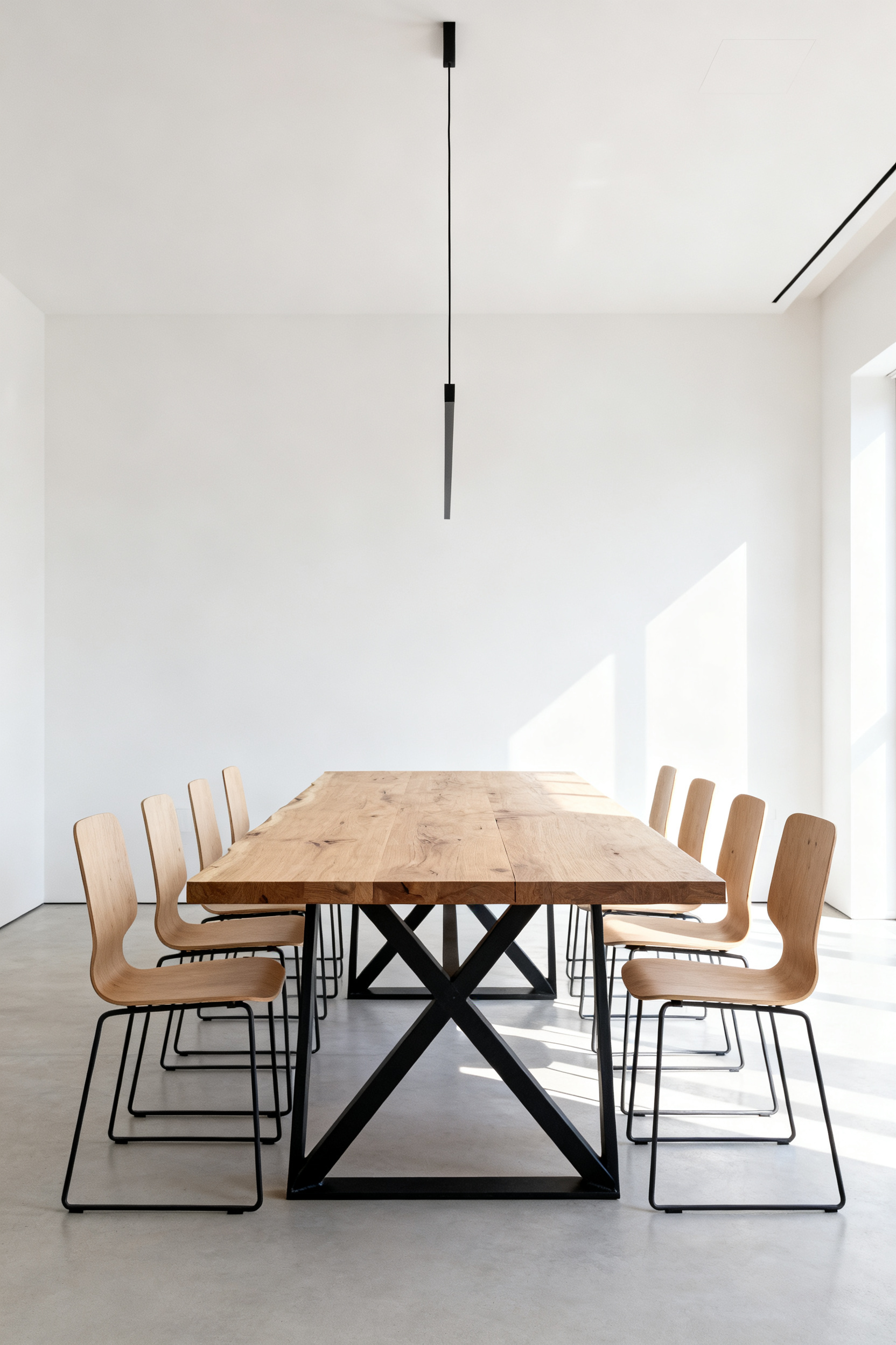 A bright, minimalist modern dining room showcasing an unadorned oak wood table and black steel base, embodying the design principle of form follows function.