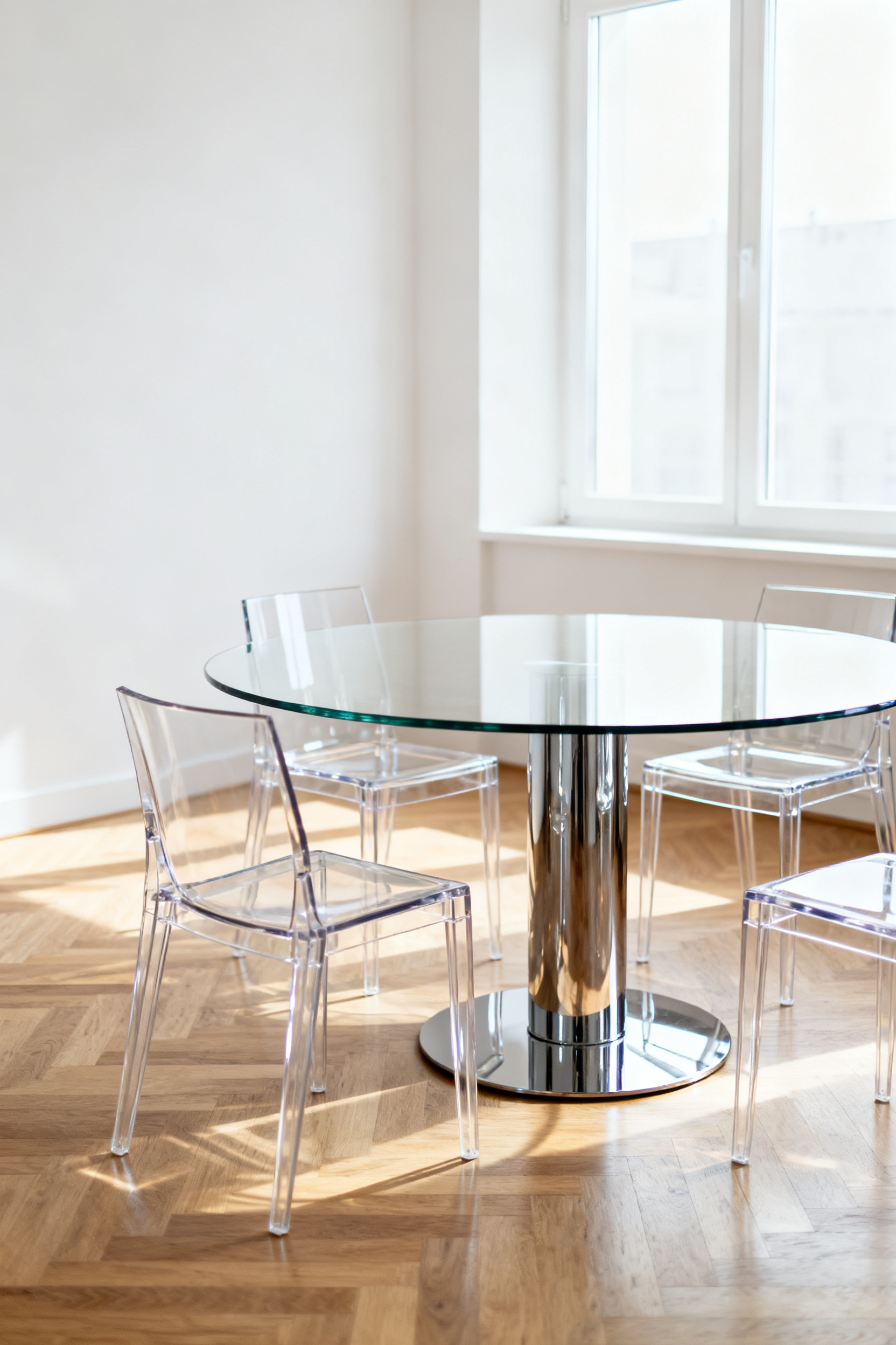 A modern compact dining room featuring a circular glass top table and transparent acrylic chairs on light wood flooring, demonstrating how glass minimizes the visual footprint of furniture.