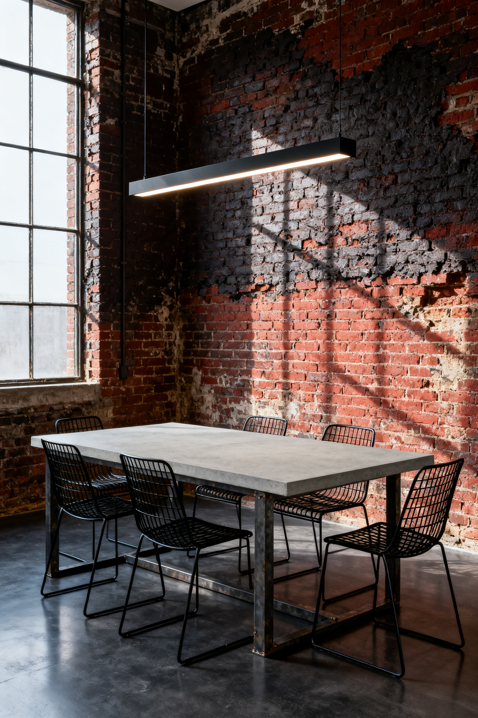 A sophisticated modern dining room showcasing Honest Contrast, featuring a raw steel table and black chairs set against an original exposed red brick masonry wall under a minimalist linear pendant light.