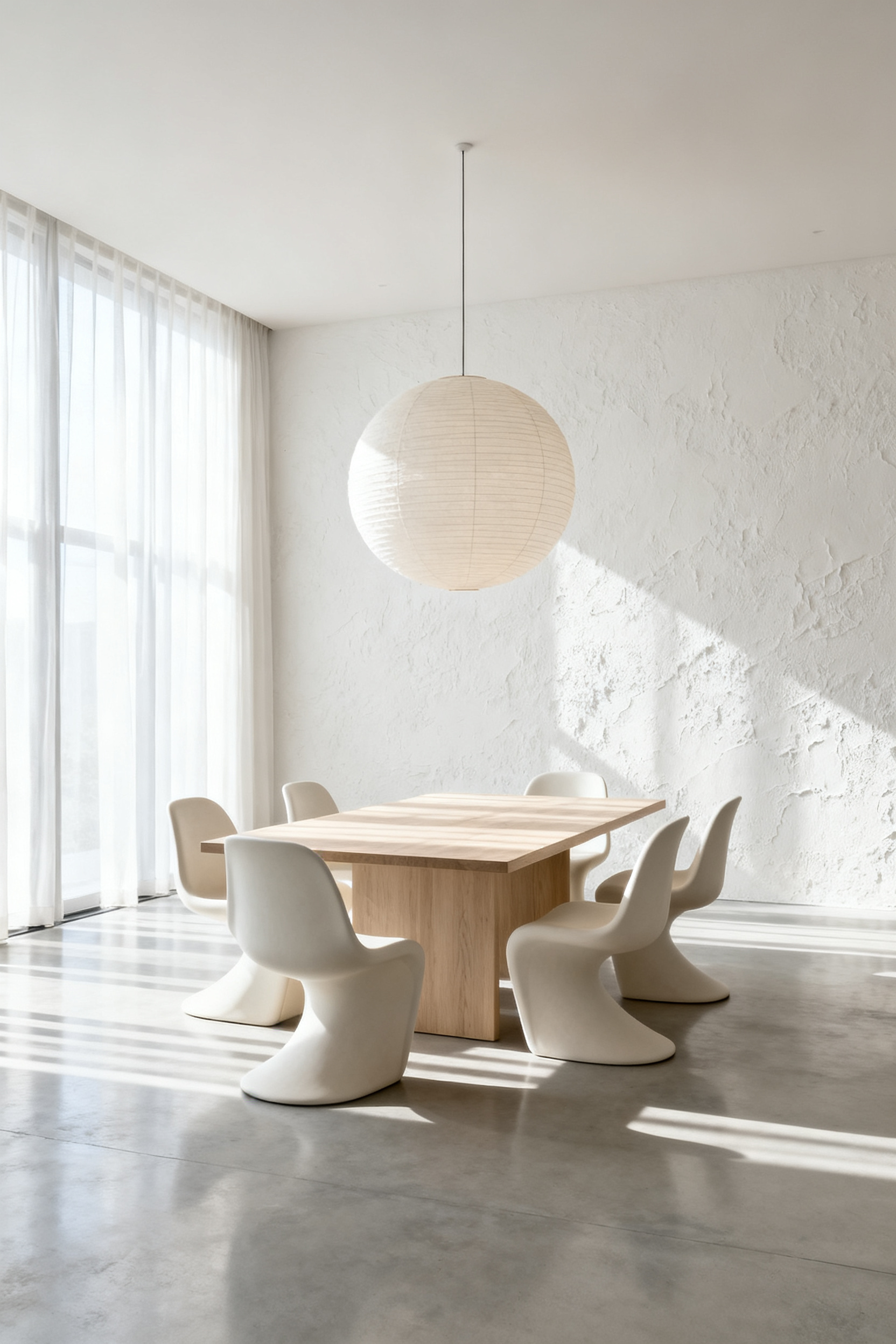 Minimalist modern dining room design emphasizing negative space (Ma) with pale wood table, white chairs, concrete floor, and soft morning light.