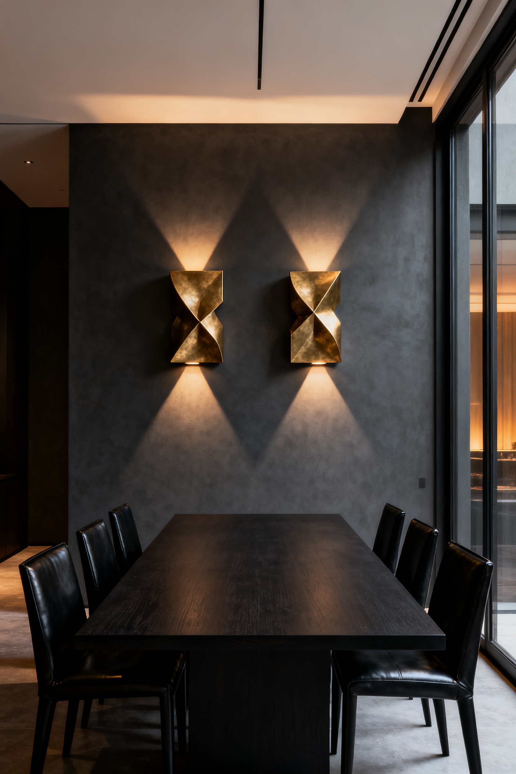 Oversized geometric brushed brass sculptural wall sconces casting soft indirect light in a modern, sophisticated charcoal-gray dining room.