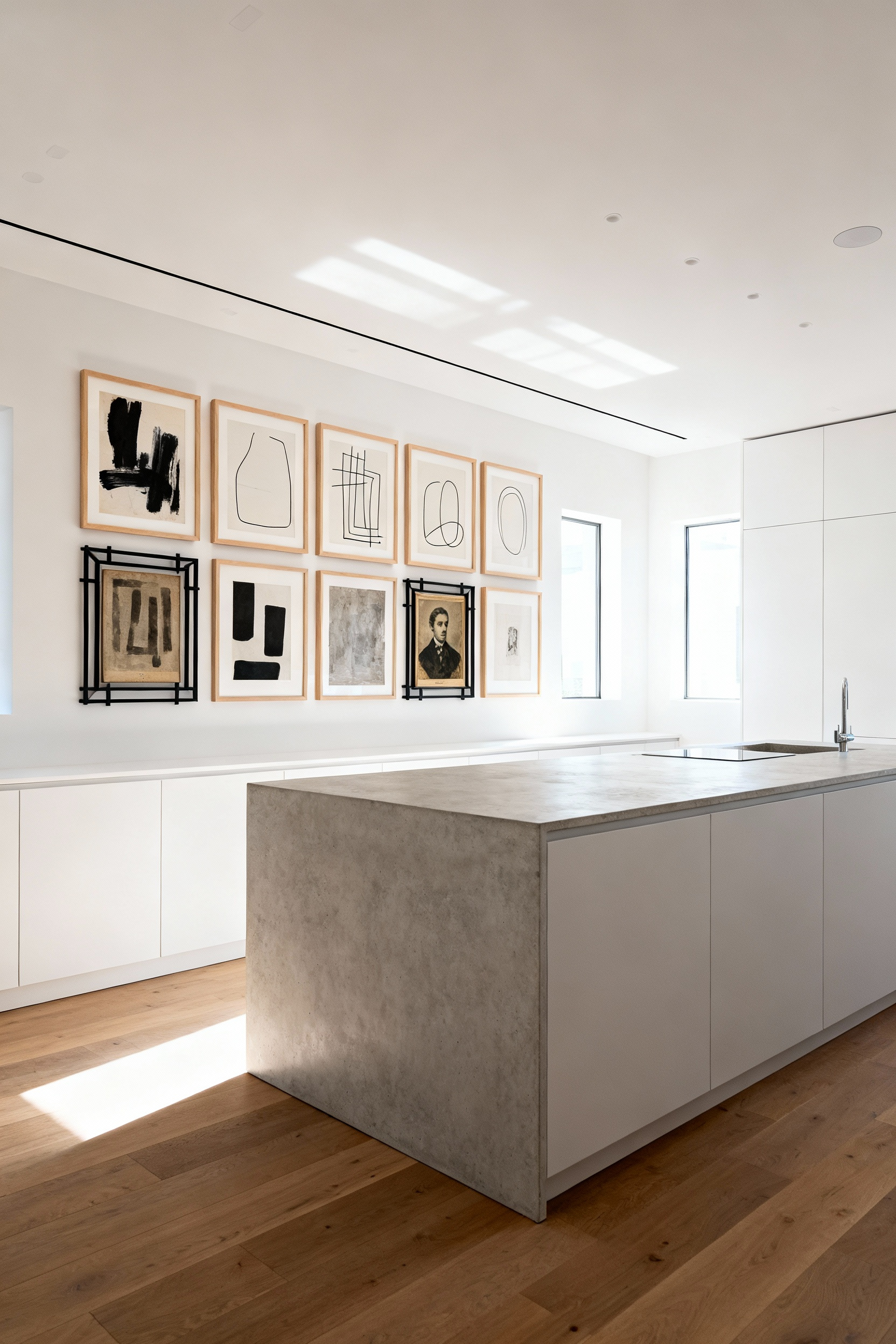 Open-plan modern kitchen showcasing minimalist light gray cabinetry, a central island, and a carefully curated gallery wall featuring abstract art and photography in assorted frames.