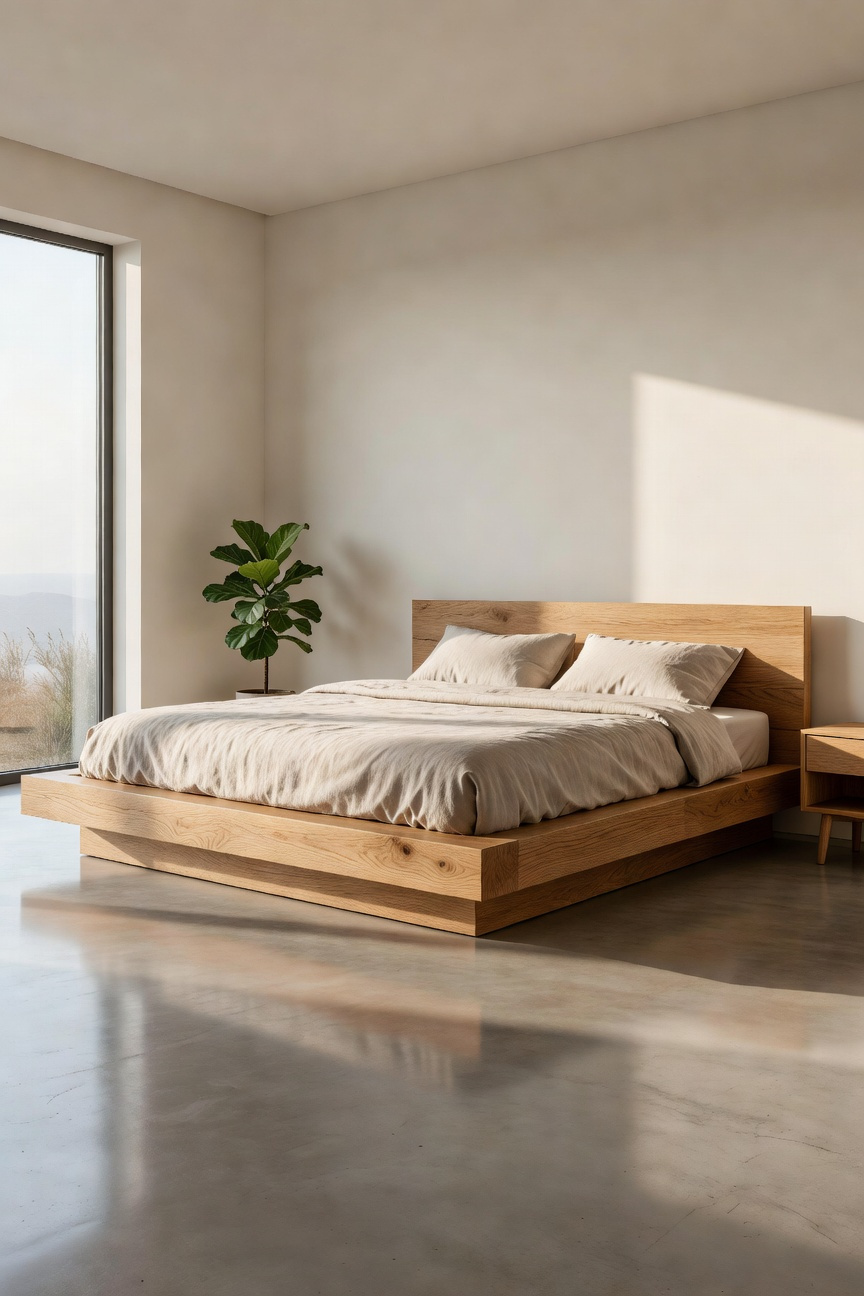 A low-profile oak platform bed in a minimalist bedroom with floor-to-ceiling windows and natural morning light.