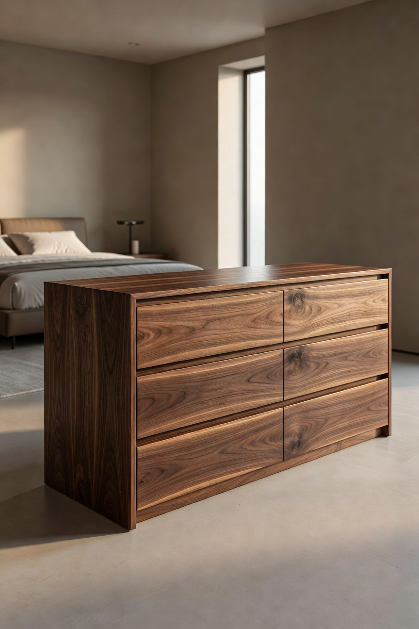 A modern walnut dresser with continuous wood grain flitch matching and mitered edges in a minimalist bedroom.