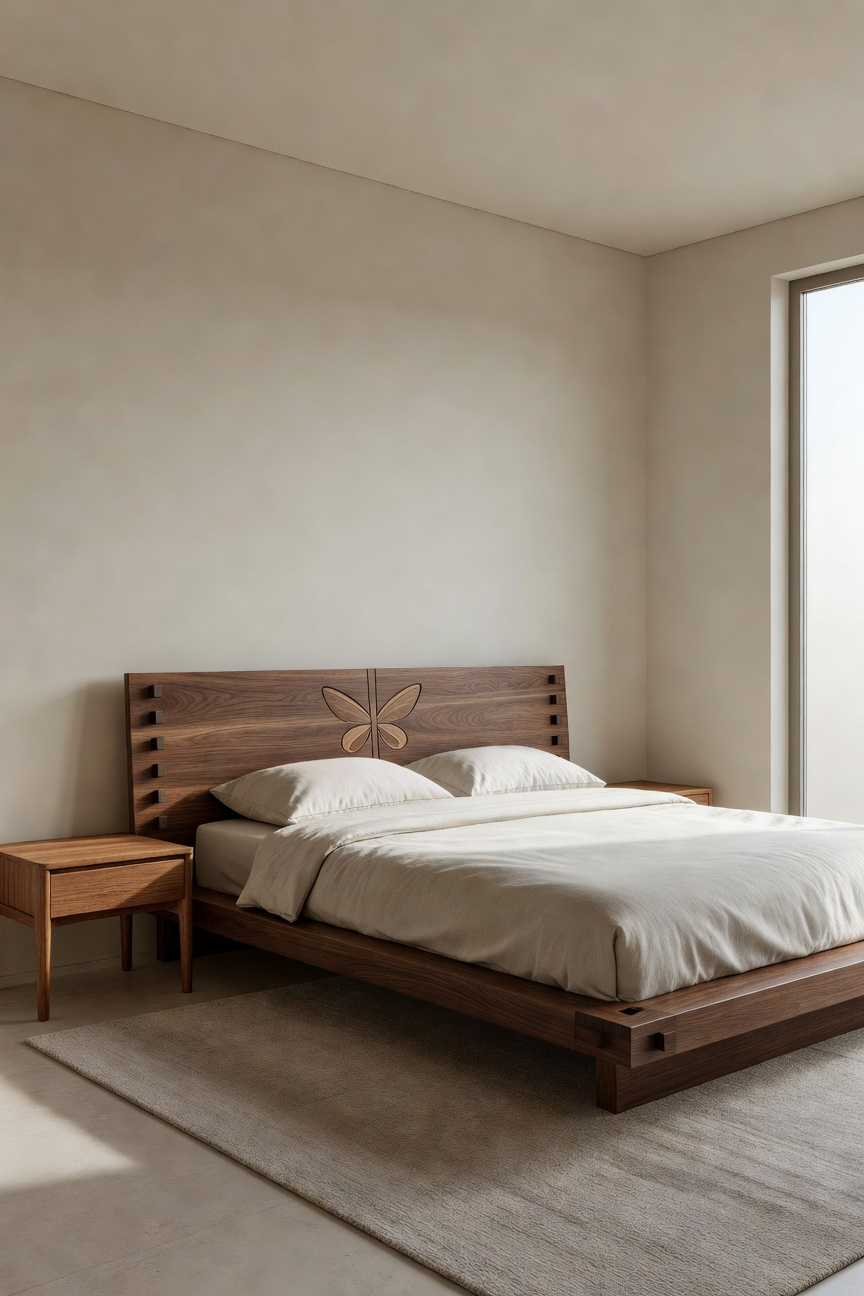 A wide shot of a modern master bedroom with solid walnut furniture and visible wood joinery under bright natural light.
