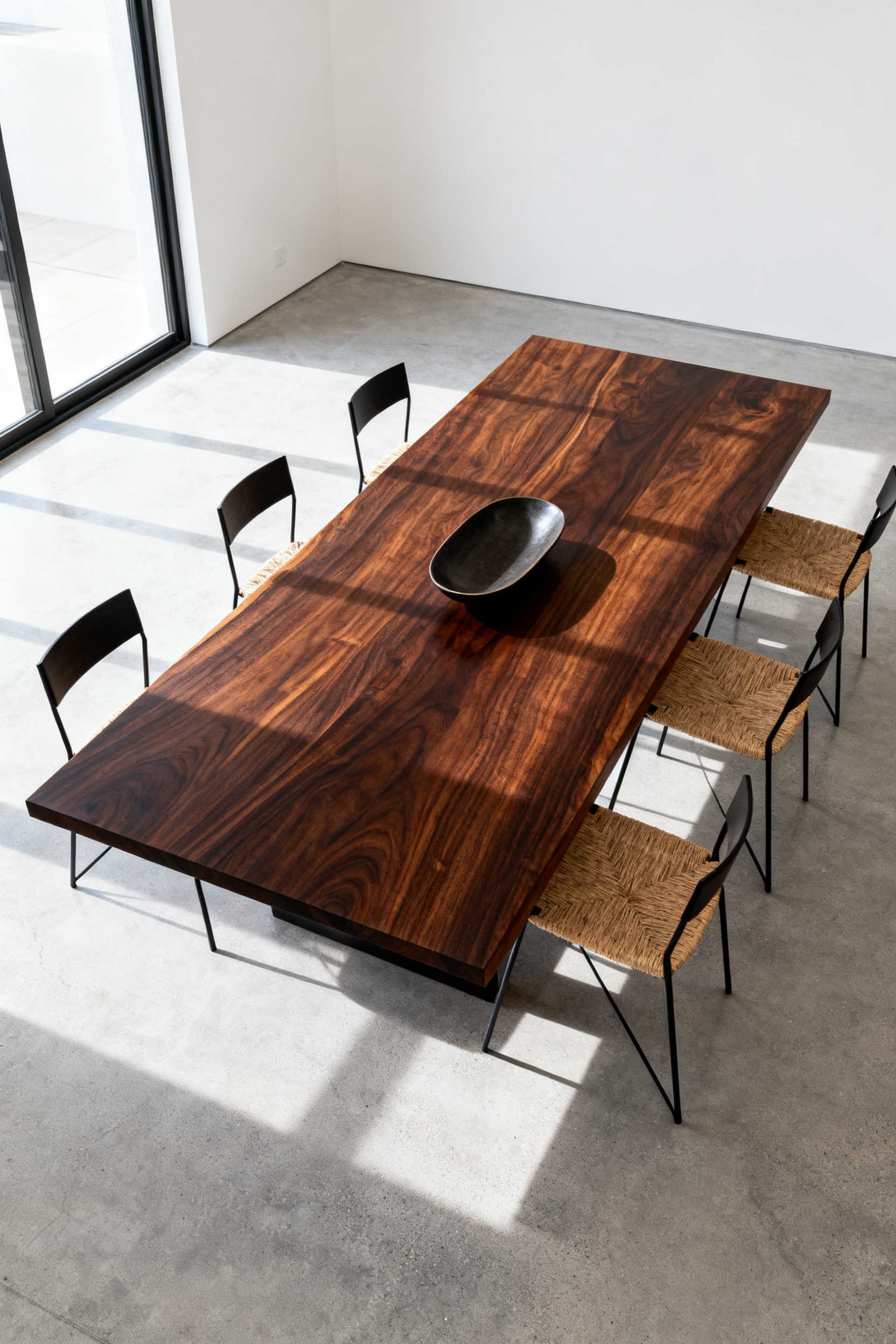 Modern dining room featuring a large, solid American Black Walnut dining table anchored by deep espresso tones contrasting against pale off-white walls and polished concrete flooring.