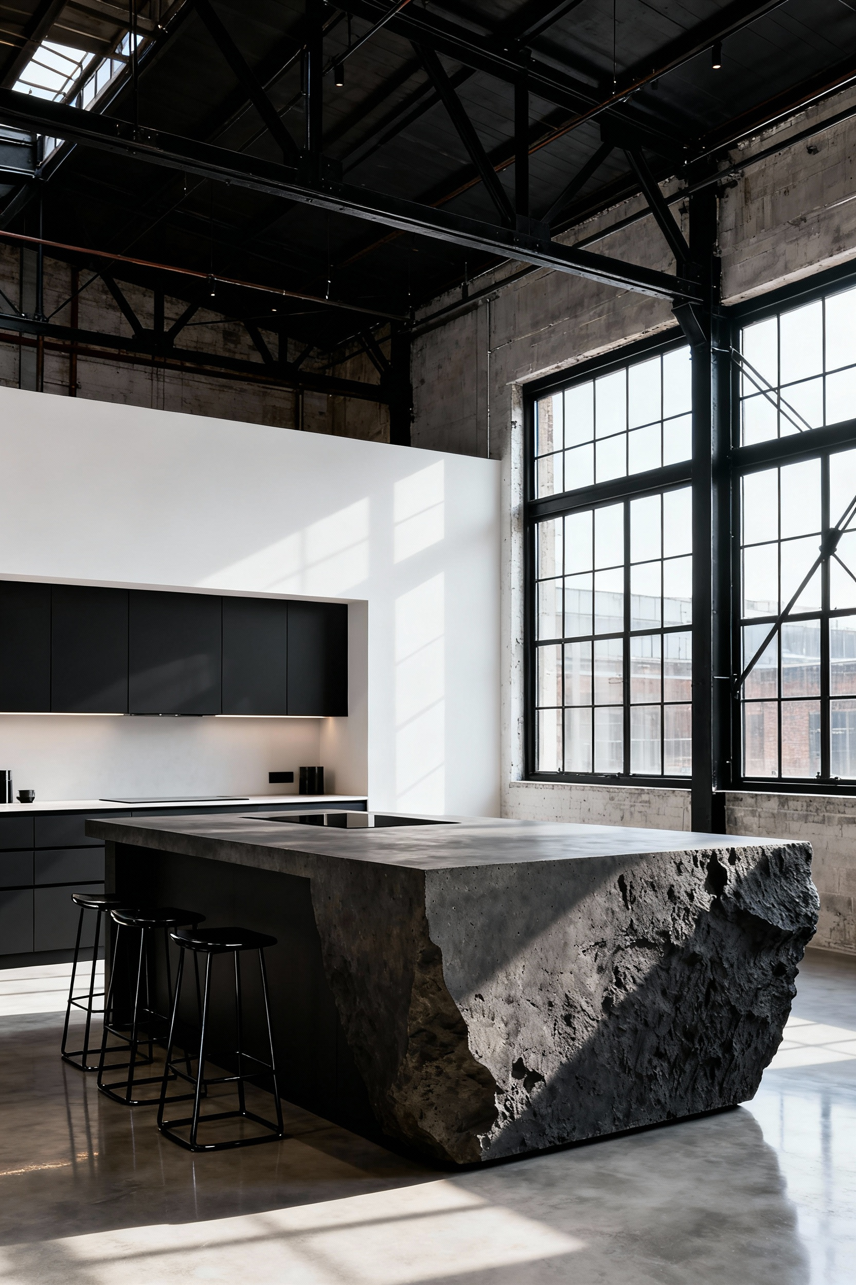 A wide architectural photograph of a modern kitchen in an industrial loft featuring a massive, monolithic island carved from seamless dark concrete, visually anchoring the open-plan space.