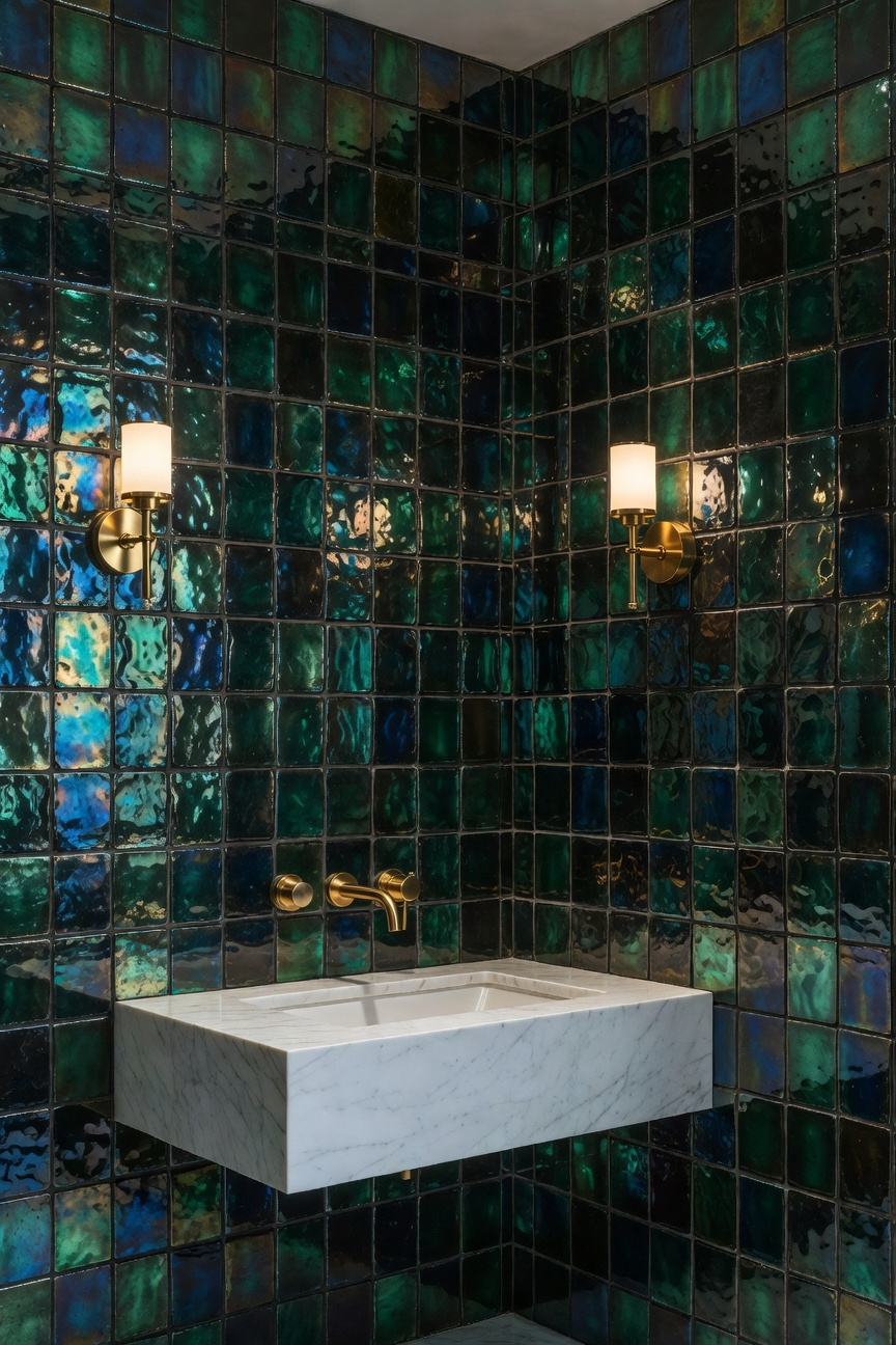 A luxurious powder room featuring deep emerald and sapphire jewel-toned glazed wall tiles with a rich, glowing finish and brass fixtures.