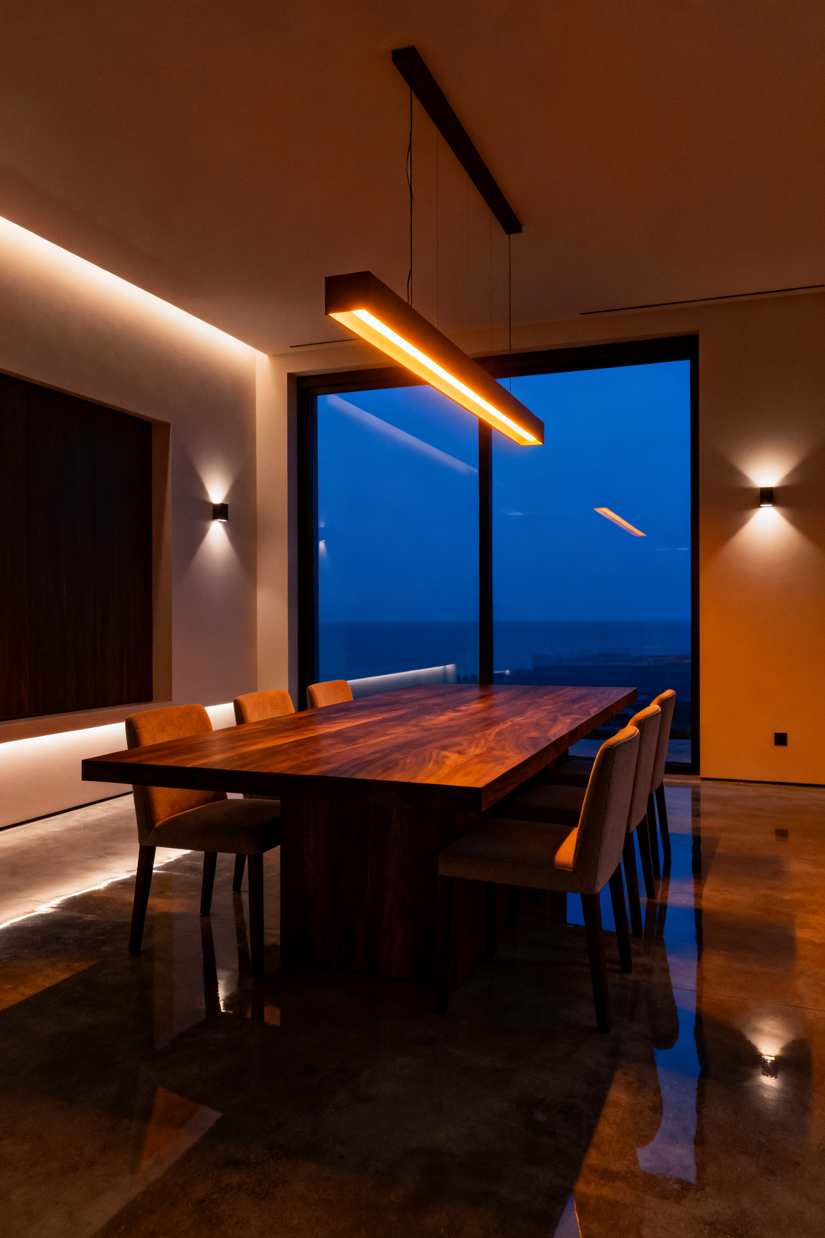 A sophisticated modern dining room bathed in warm, intimate 2800K layered lighting during the evening.