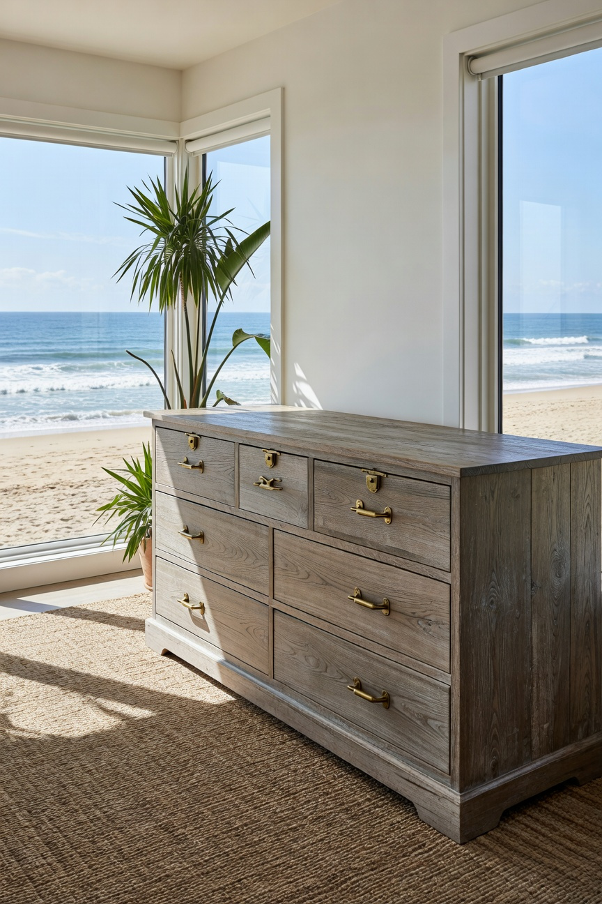 A multi-drawer coastal chest made of durable salt-air treated wood with a plinth base in a sunlit bedroom overlooking the ocean.