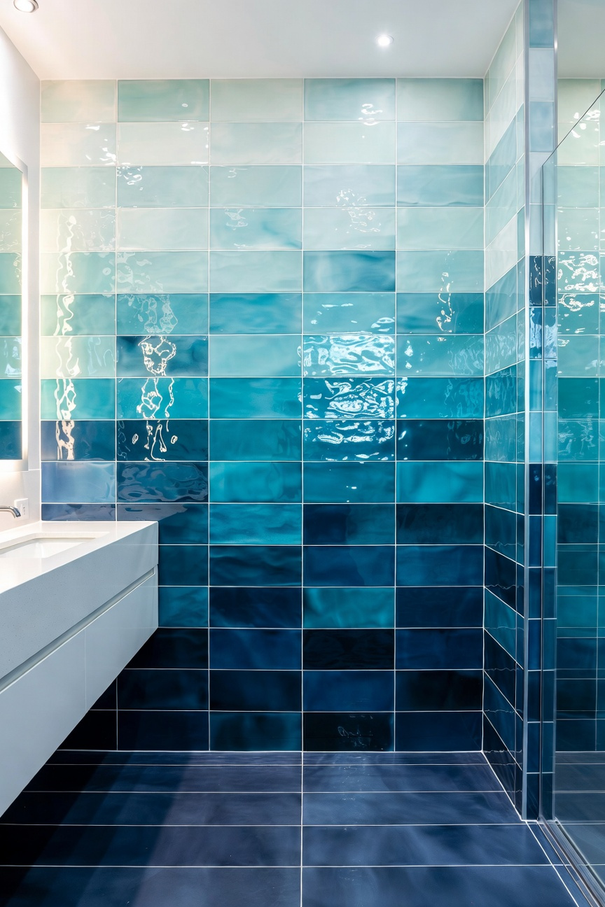 A photograph of a contemporary coastal bathroom featuring walls tiled in an oceanic ombre gradient, transitioning vertically from deep indigo at the floor to seafoam green and sky blue near the ceiling.