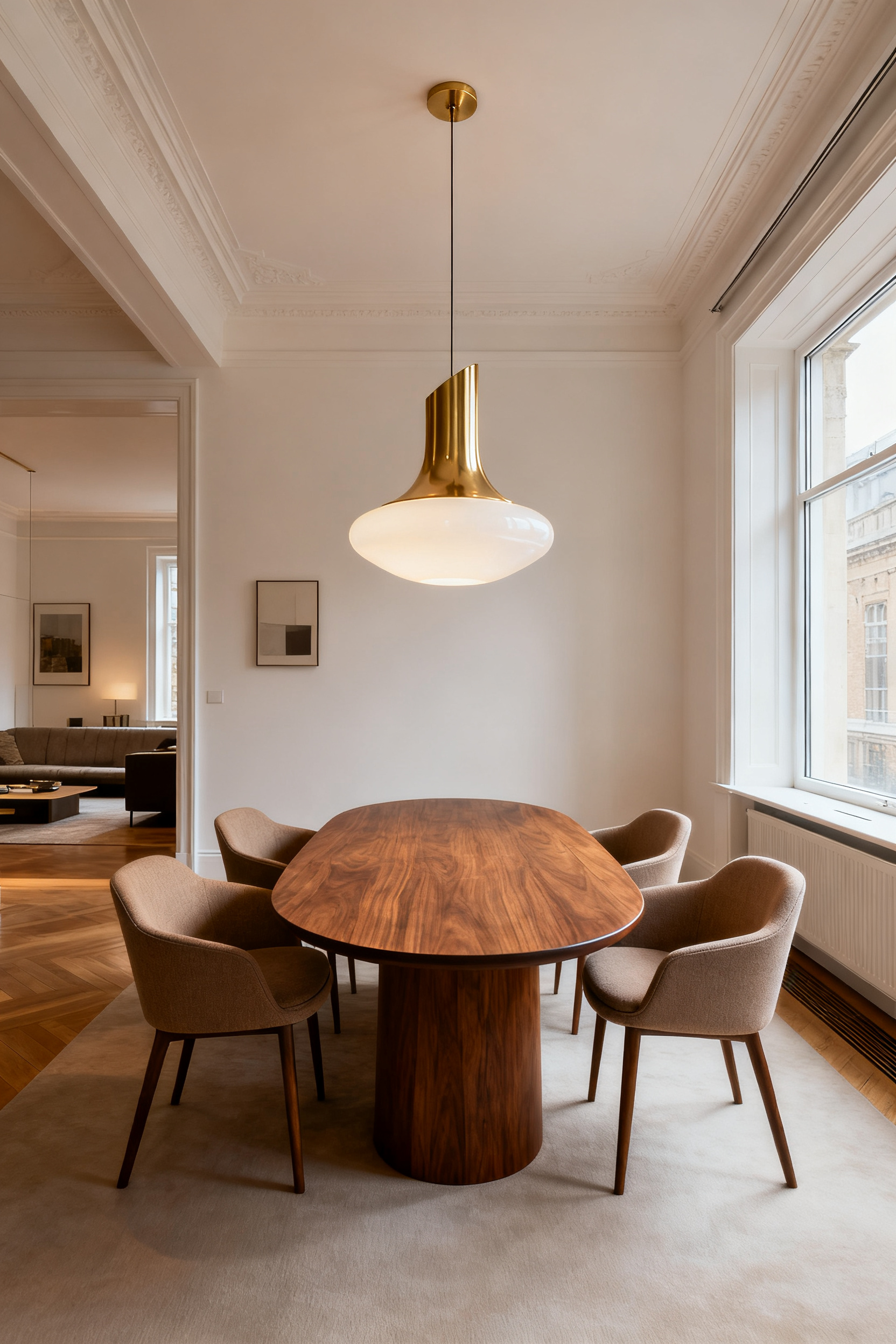 A photograph of a bright, open-concept modern dining room featuring a walnut table and minimalist pendant lighting, illustrating the shift from formal to informal living spaces in the mid-20th century.
