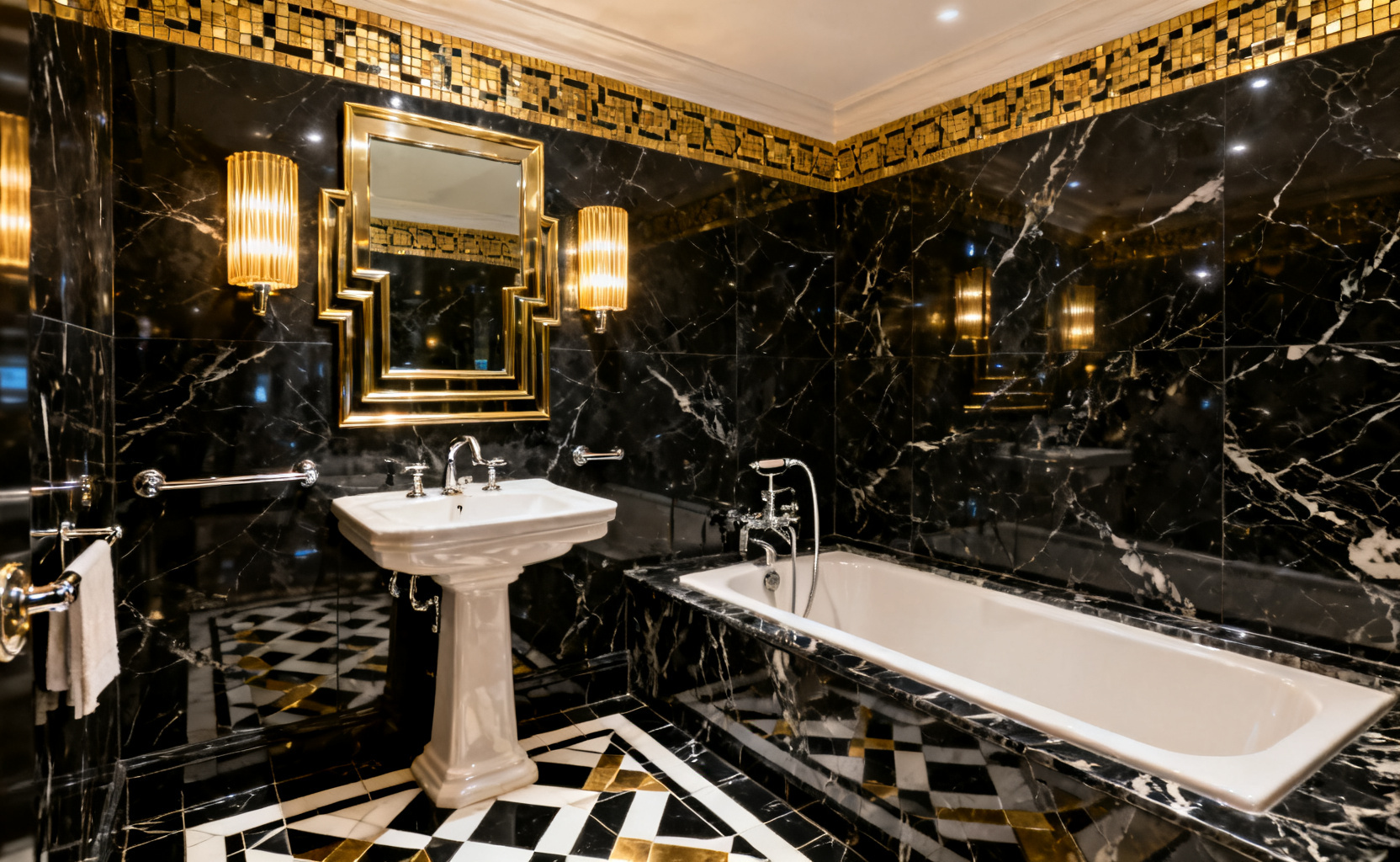 An opulent Art Deco master bathroom showcasing controlled abundance, featuring black Nero Marquina marble walls, high-shine polished chrome and brass fixtures, geometric floor tiling, and dramatic architectural lighting emphasizing reflective surfaces.