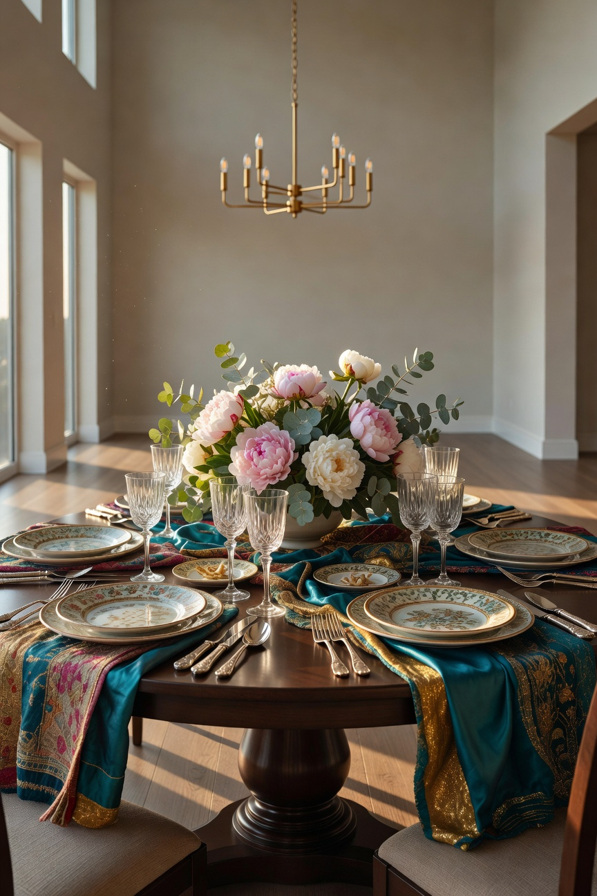 An elegantly decorated round pedestal dining room table featuring vibrant multicultural linens, layered ceramics, and crystal glassware in a sunlit room.