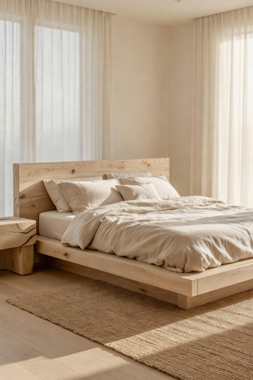 A serene bedroom with untreated white oak furniture, natural linen bedding, and soft morning sunlight highlighting the wood grain.