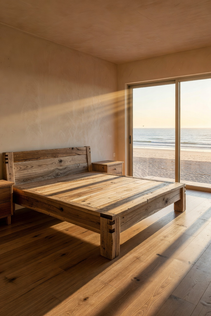 A bright coastal bedroom featuring a heavy European white oak bed frame and matching furniture with a view of the ocean.